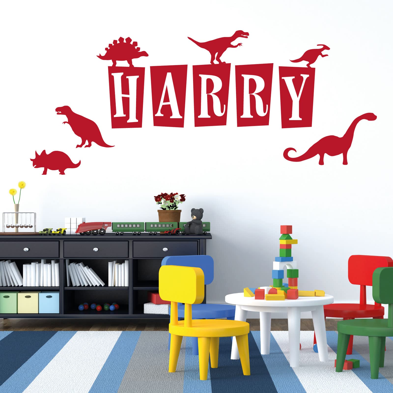 Personalised Name - Dinosaurs, T-Rex, Apatosaurus, Jurassic Era - Children's Bedroom Vinyl Wall Decal Sticker [Medium] [Cherry]