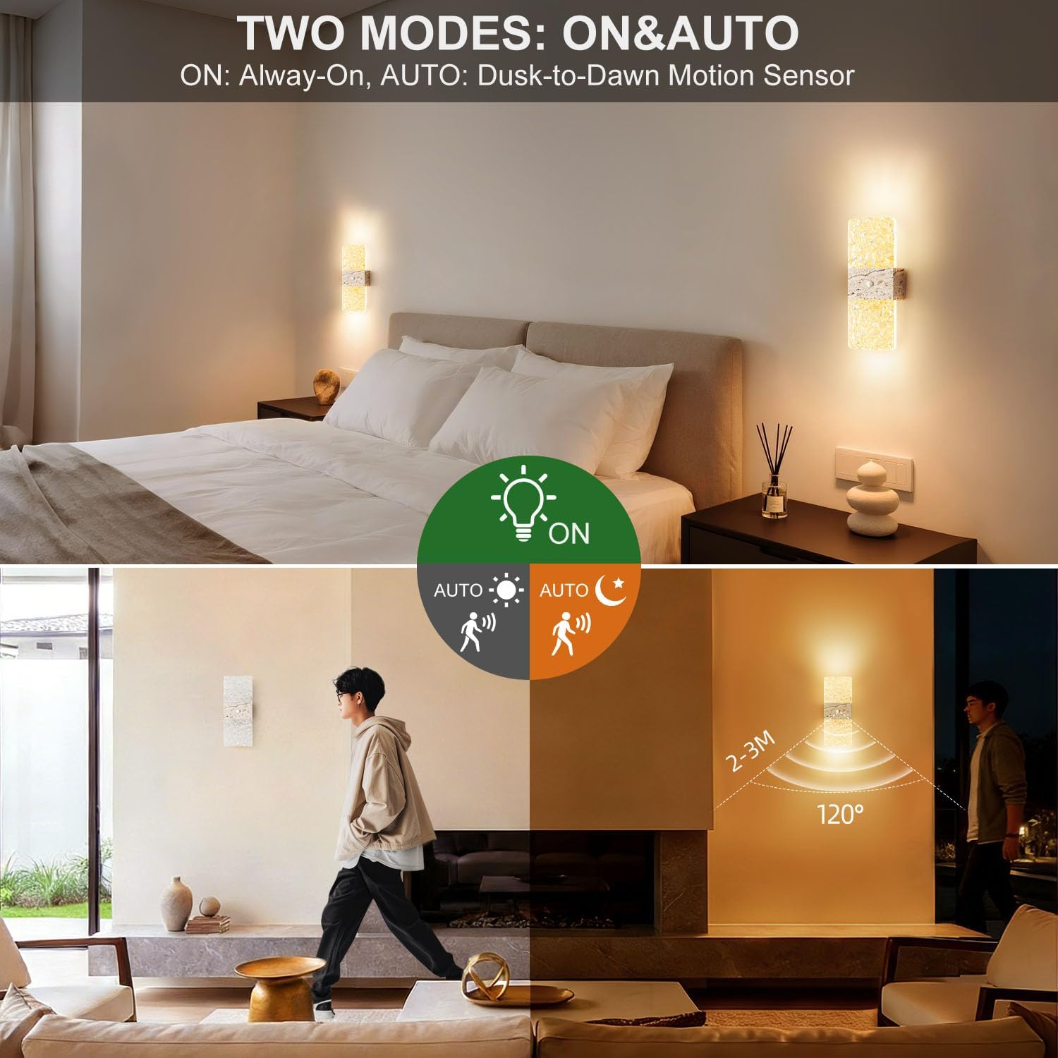 Motion Sensor Light Indoor, 2600 mAh Rechargeable Battery Operated Wall Sconce Set of 2, 0-80LM Dimmable, 3 Colors, Always-On and Dusk to Dawn Motion Mode, Wireless Night Light, Marble Color