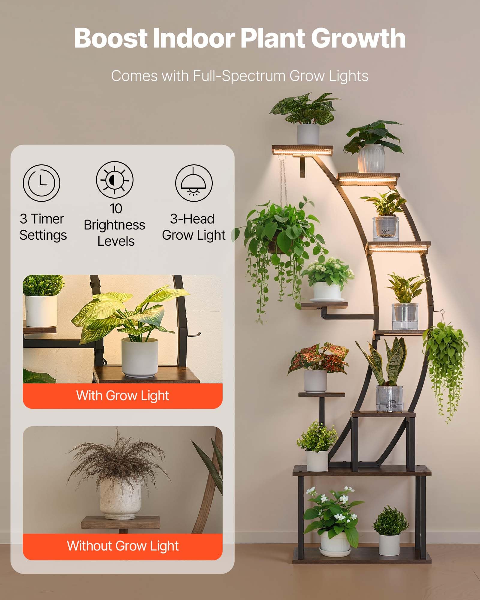 VEVOR Soporte para Plantas con Luz de Cultivo 9 Niveles Alto de 166 cm, Forma de Media Luna, Estante con Luz para Plantas, 3 Temporizadores y 10 Niveles de Brillo, para Sala de Estar, Balcón