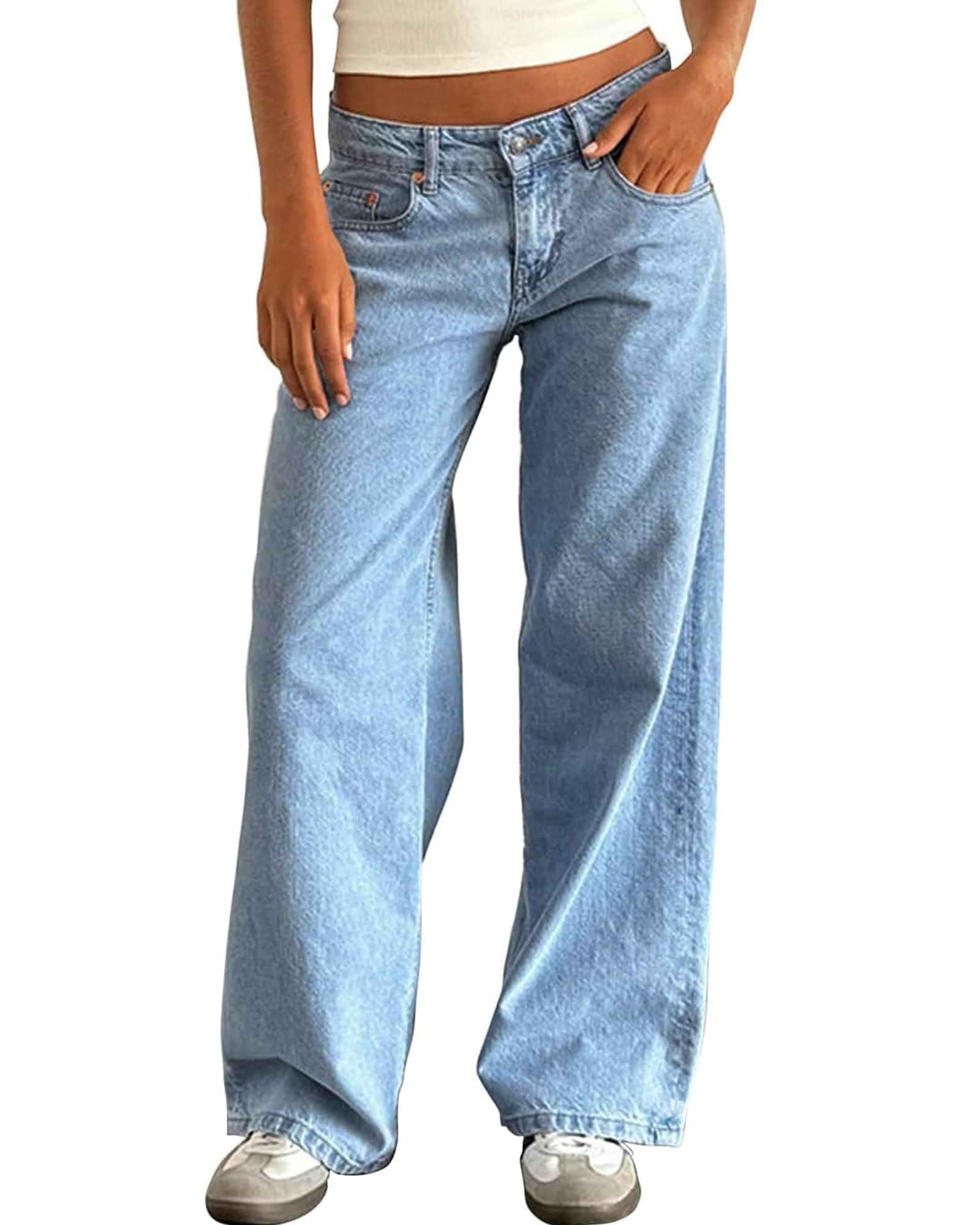 Flvsun Women's Wide Leg Low Waisted Baggy Jeans Casual Loose Y2K Boyfriend Straight Pants