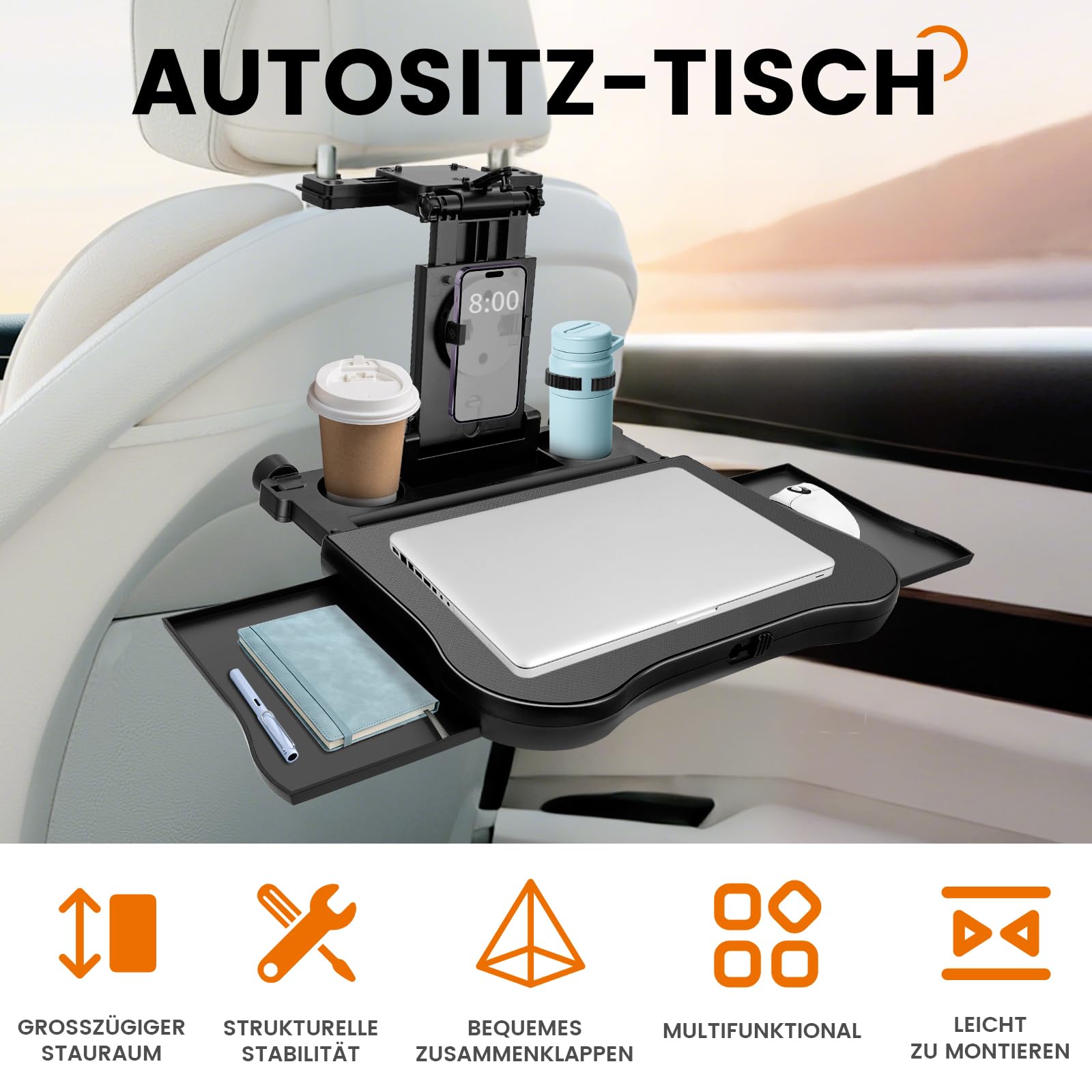 Universal Verstellbarer Autotisch für Rücksitz 20KG Multifunktionaler mit Rutschfester Unterlage