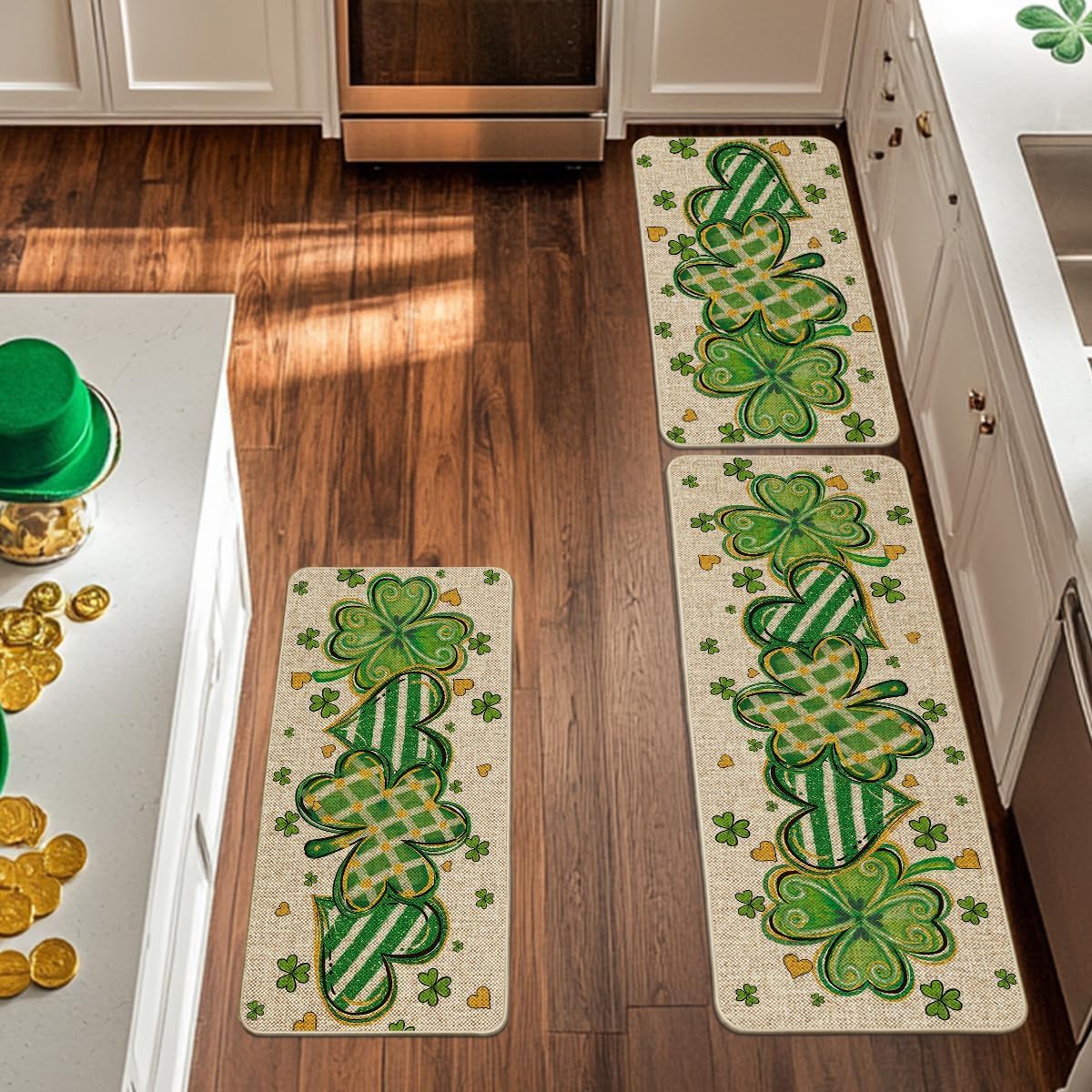 Artoid Mode Shamrock Heart St. Patrick's Day Kitchen Mats Set of 3, Home Decor Low-Profile Kitchen Rugs for Floor - 17"x29"+17"x36"+17"x47"