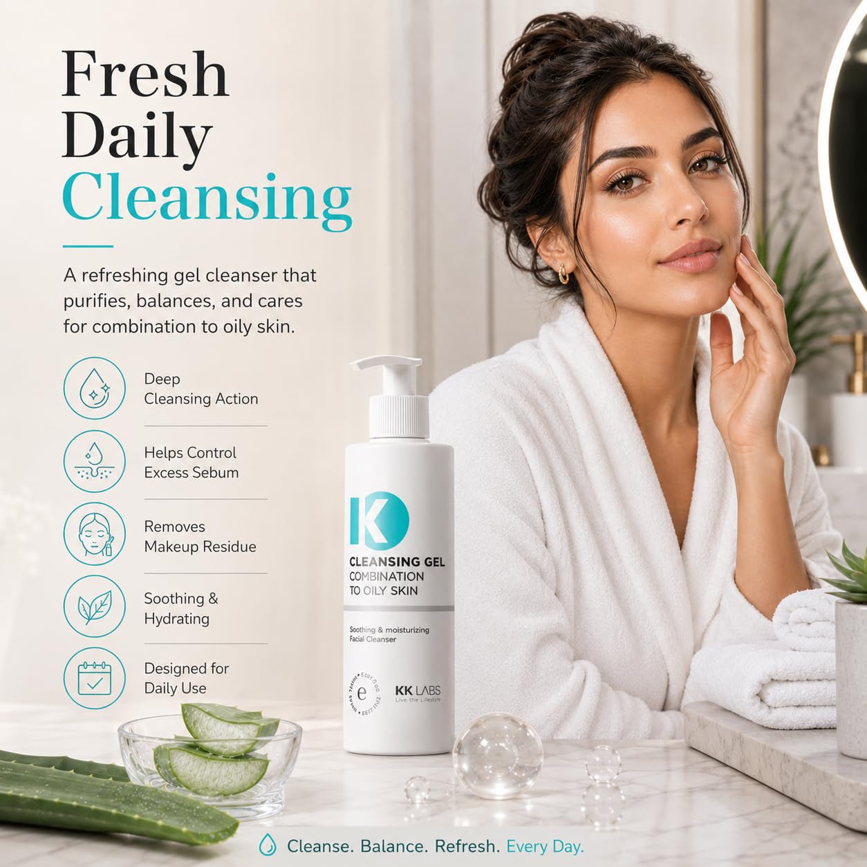 KK Labs Cleansing Gel for Combination to Oily Skin 150ml - Daily Face Wash That Removes Excess Oil, Dirt and Makeup for a Fresh, Clean, Shine-Controlled Complexion, Men and Women