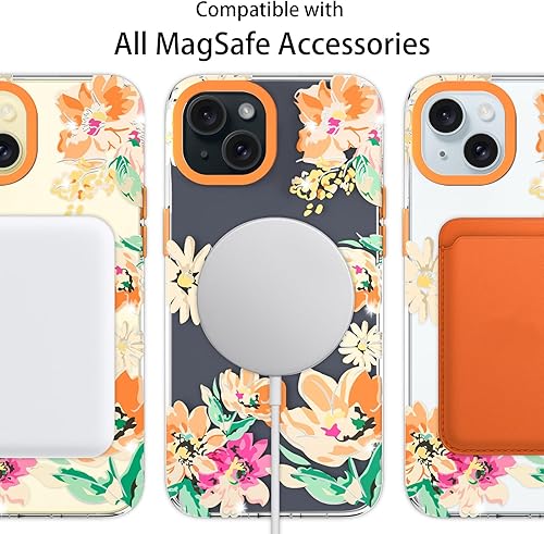 Miniatura 4 de YeLoveHaw Funda magnética transparente para iPhone 15 Plus para mujeres y niñas, con purpurina y bonito patrón floral morado compatible con MagSafe,