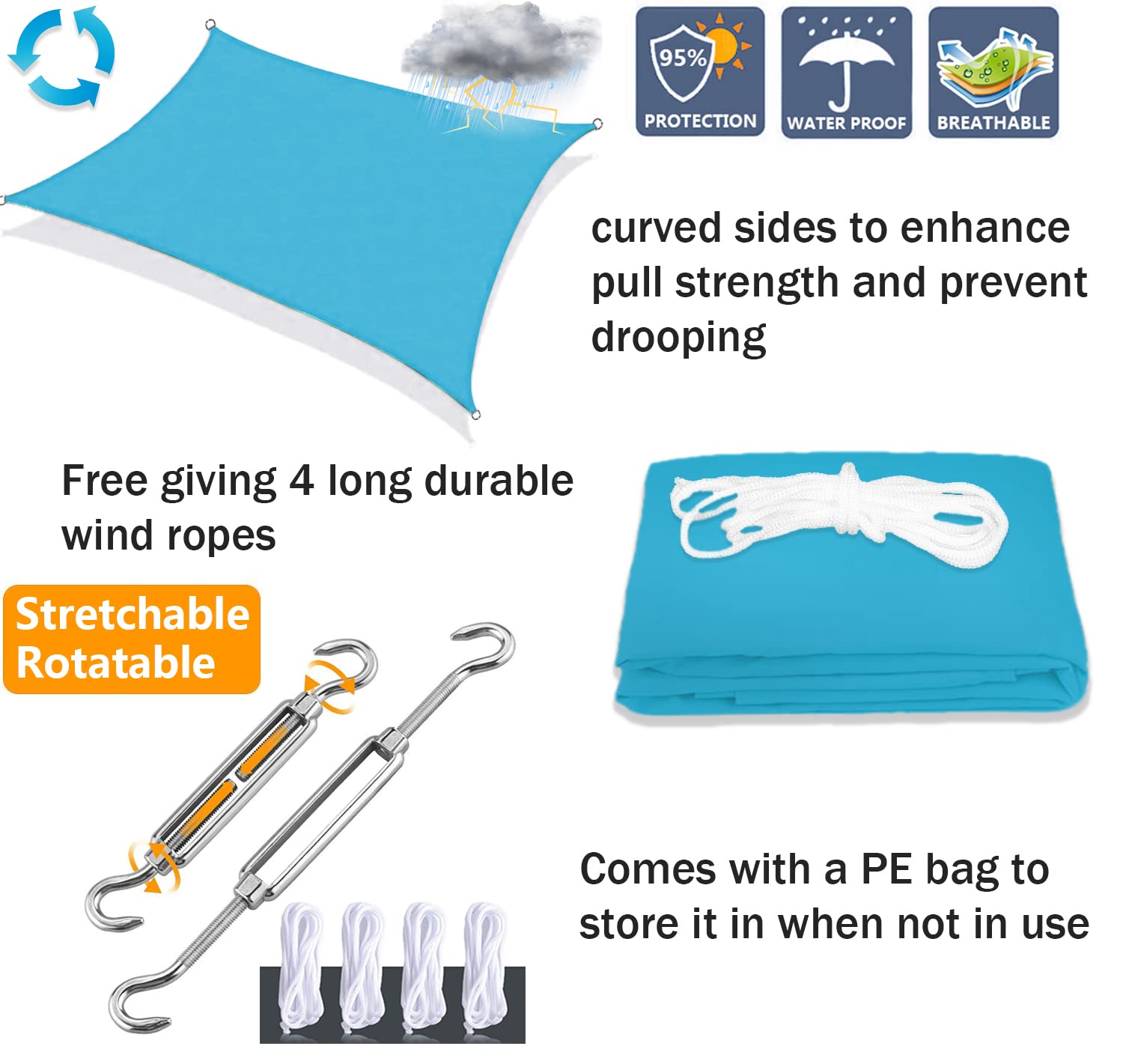Voile d'ombrage Rectangulaire, Imperméable Protection UV Toile Ombrage avec Kit de Fixation, pour Extérieur Jardin Terrass