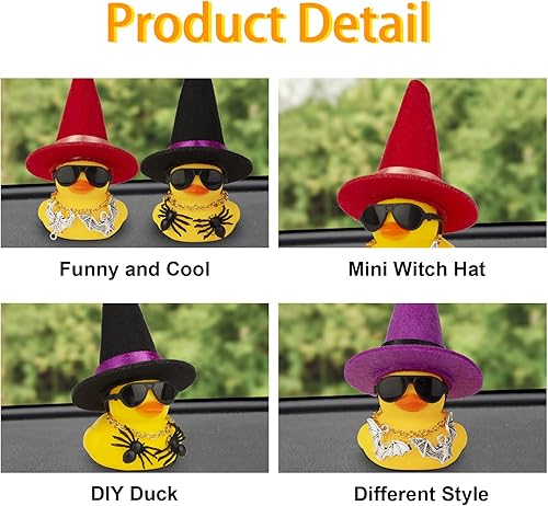 Miniatura 3 de Adornos de pato de goma para automóvil, decoraciones de tablero de automóvil con mini sombrero de bruja, capa, collar, accesorios de Halloween para