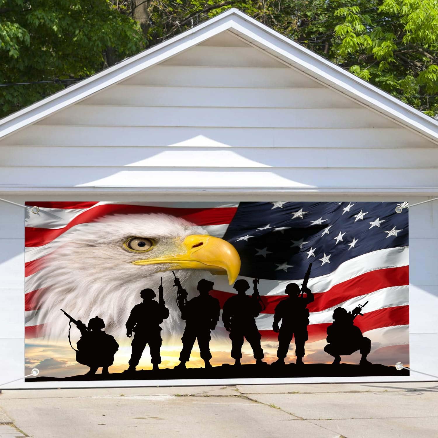 16X7ft 4th of July Garage Door Banner Decorations, Red Blue Star Garage Door Cover Independence Day Wallpaper Patriotic Veterans Party Decoration,