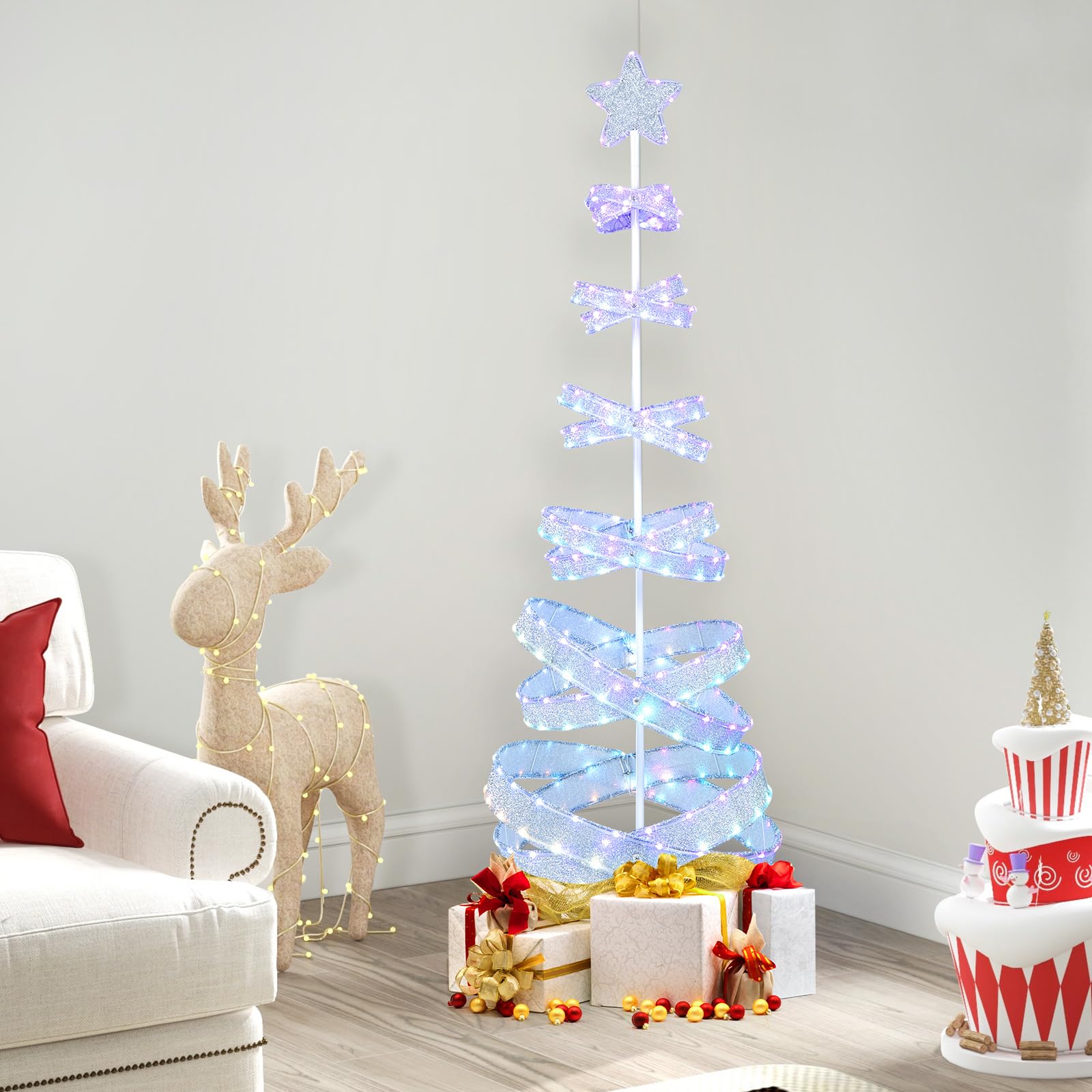 GOPLUS Sapin de Noël Lumineux 210CM Spirale pré-illuminé, Arbre Artificiel LED Blanc avec 341 lumières, 34 Modes d'Eclairage, Décoration de Noël en Intérieur et Extérieur