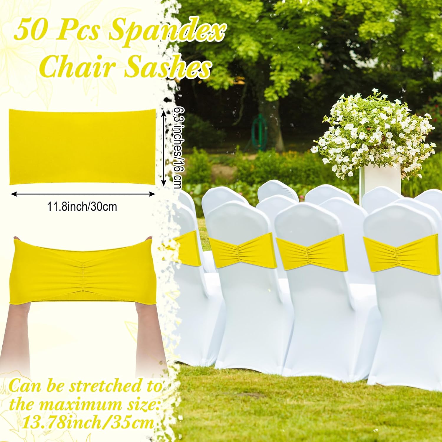 moukeren 50 pcs spandex chair sashes bows stretch chair bands slider sashes elastic ties ribbon covers for wedding party events ceremony birthday banquet decorations(yellow)