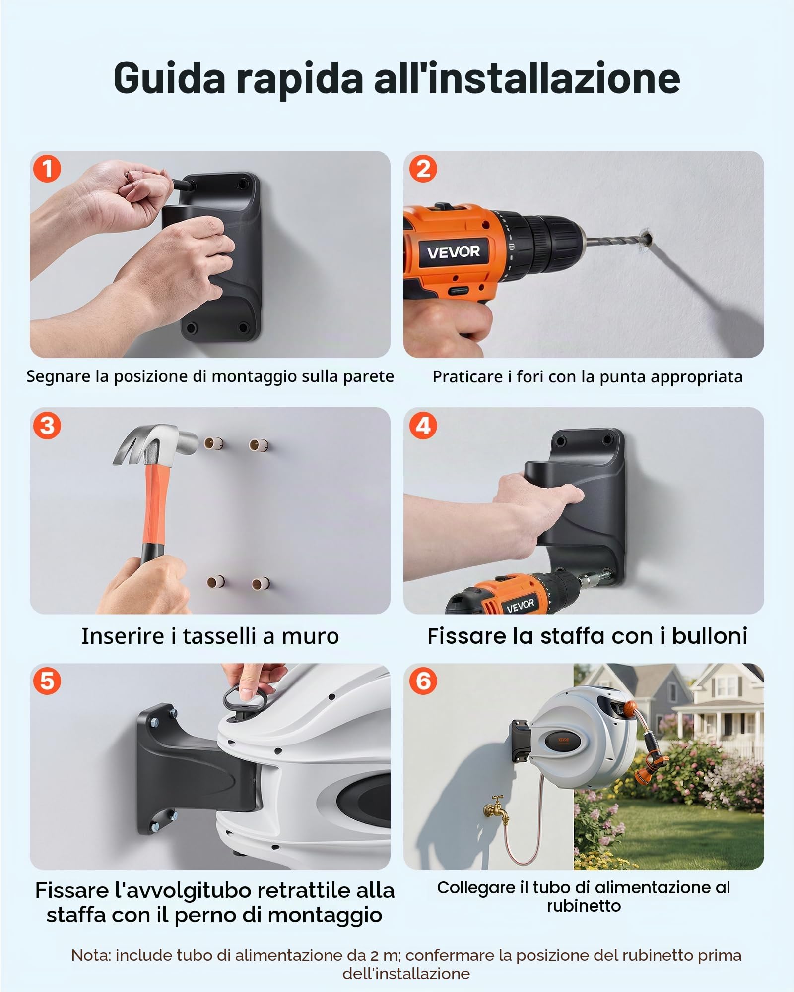 VEVOR Avvolgitubo Retrattile per Tubo da Giardino, 12 mm x 30 m, Avvolgitubo per Tubo da Giardino con Ugello 9 Modelli, Sistema di Ritorno a Riavvolgimento Automatico e Staffa Girevole a 180°