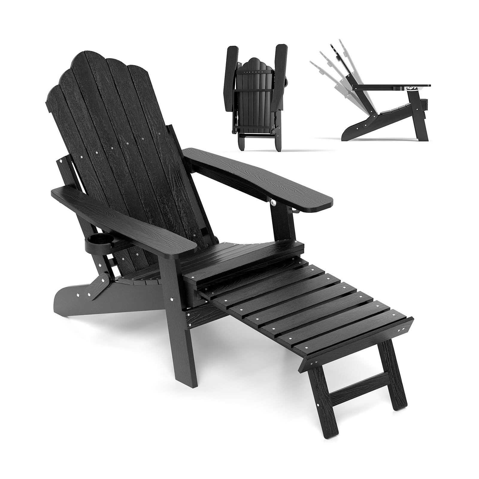 GOPLUS Silla Adirondack Ajustable, Tumbona Plegable de 4 Posiciones con Escabel Retráctil, Silla de Hips para Todo Clima con Portavasos, Tumbona Jardín Exterior de Listones para Terraza Piscina Patio