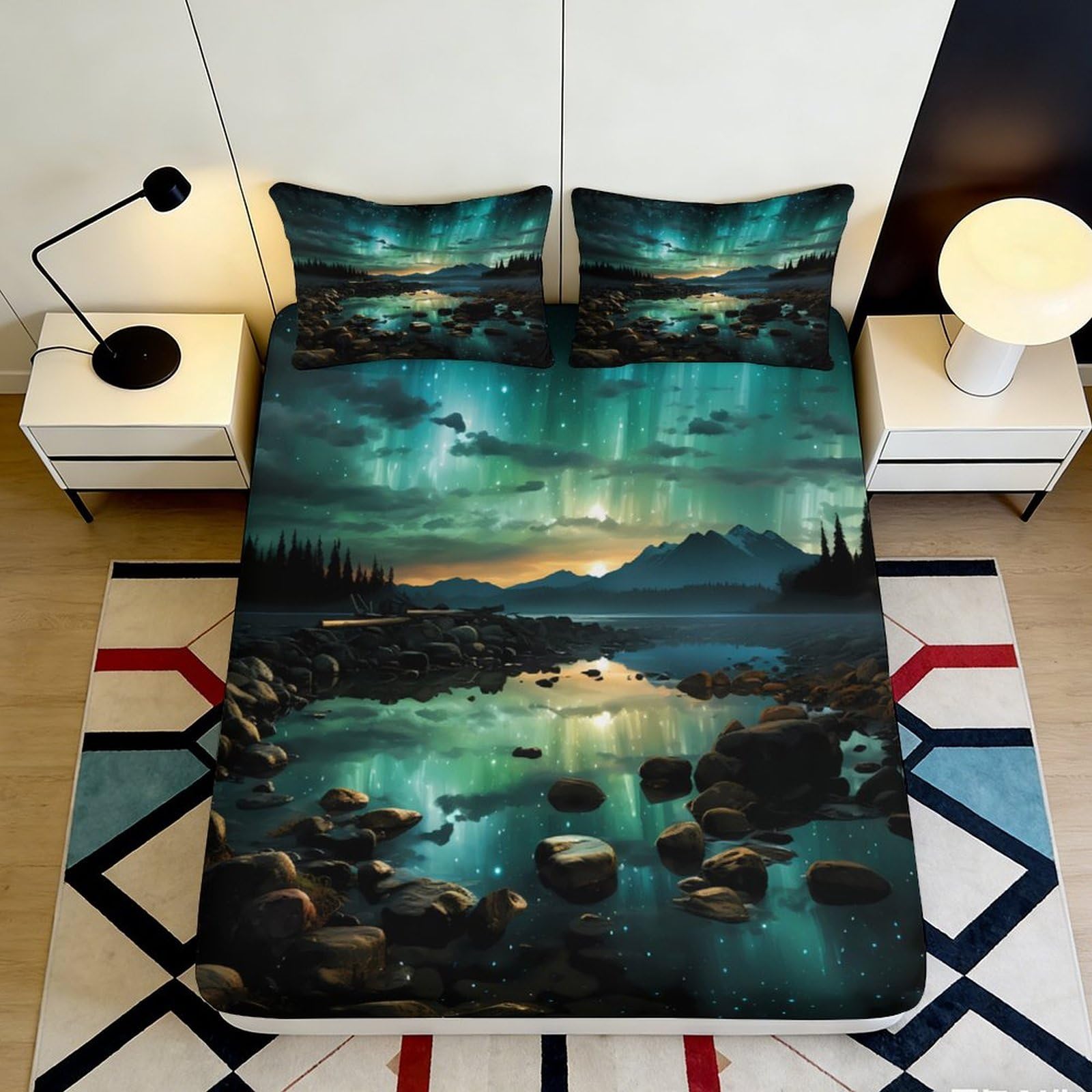 3D Printed Aurora Lake Fitted Sheet Microfiber Scenic Forest Mattress Cover for Bedroom Guest Room Decor Easy Care 90x200x25cm