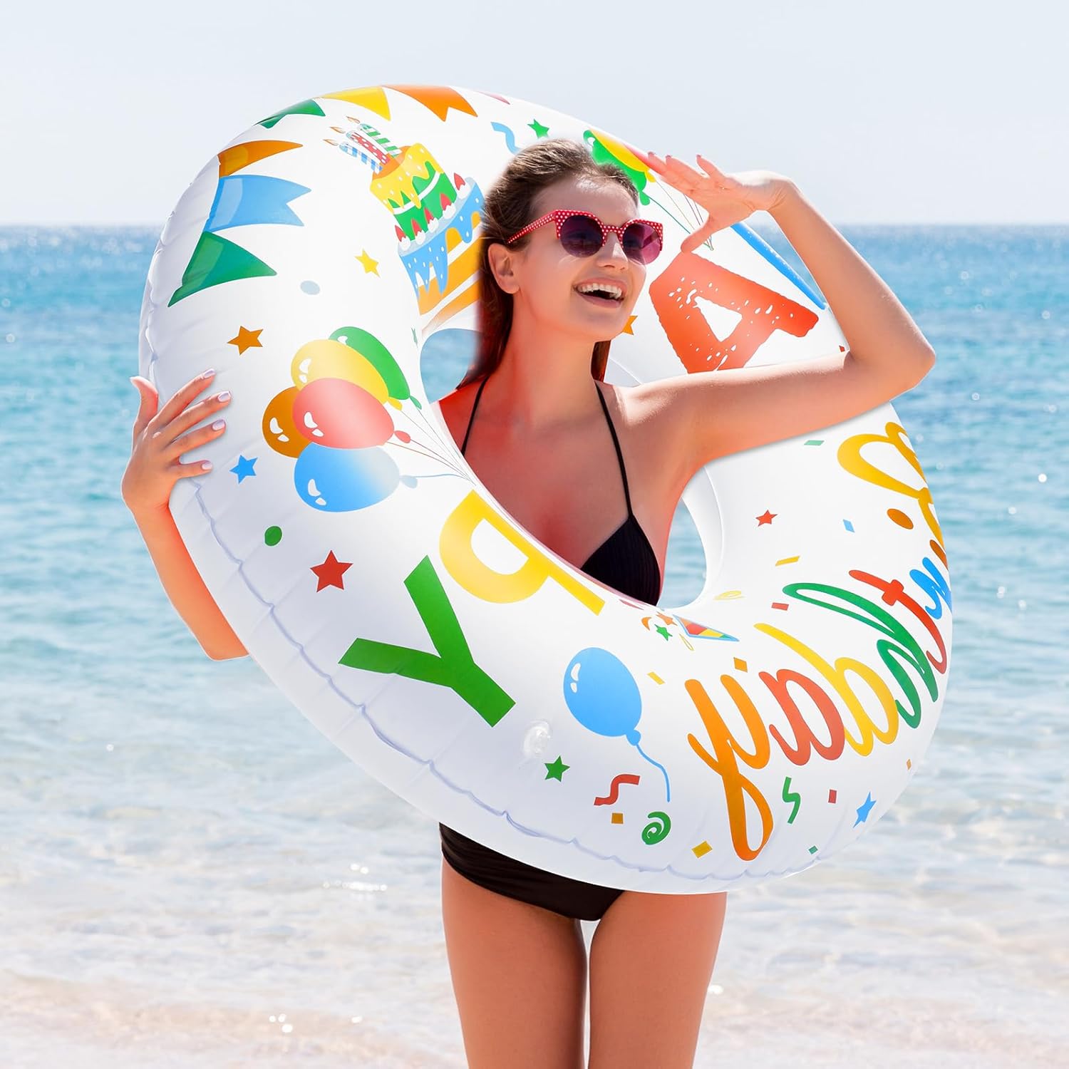 Leyndo 1 Pcs Happy Birthday Inflatable Pool Float Tube 47.24 Inch Jumbo Pool Float Birthday Party Swimming Tube Happy Birthday Swim Rings for Adults Summer Water Birthday Supplies Decor