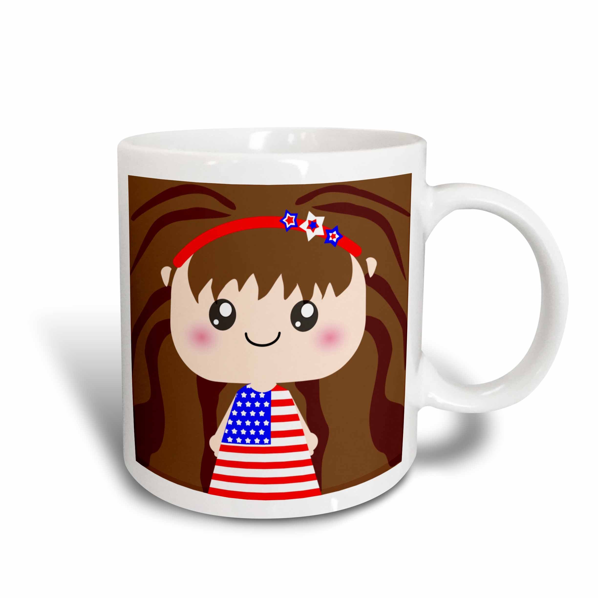 3dRose mug_57465_2 Cute Kawaii Cartoon Patriotic Girl Wearing American Flag Dress for July 4Th Independence Day Ceramic Mug, 15-Ounce
