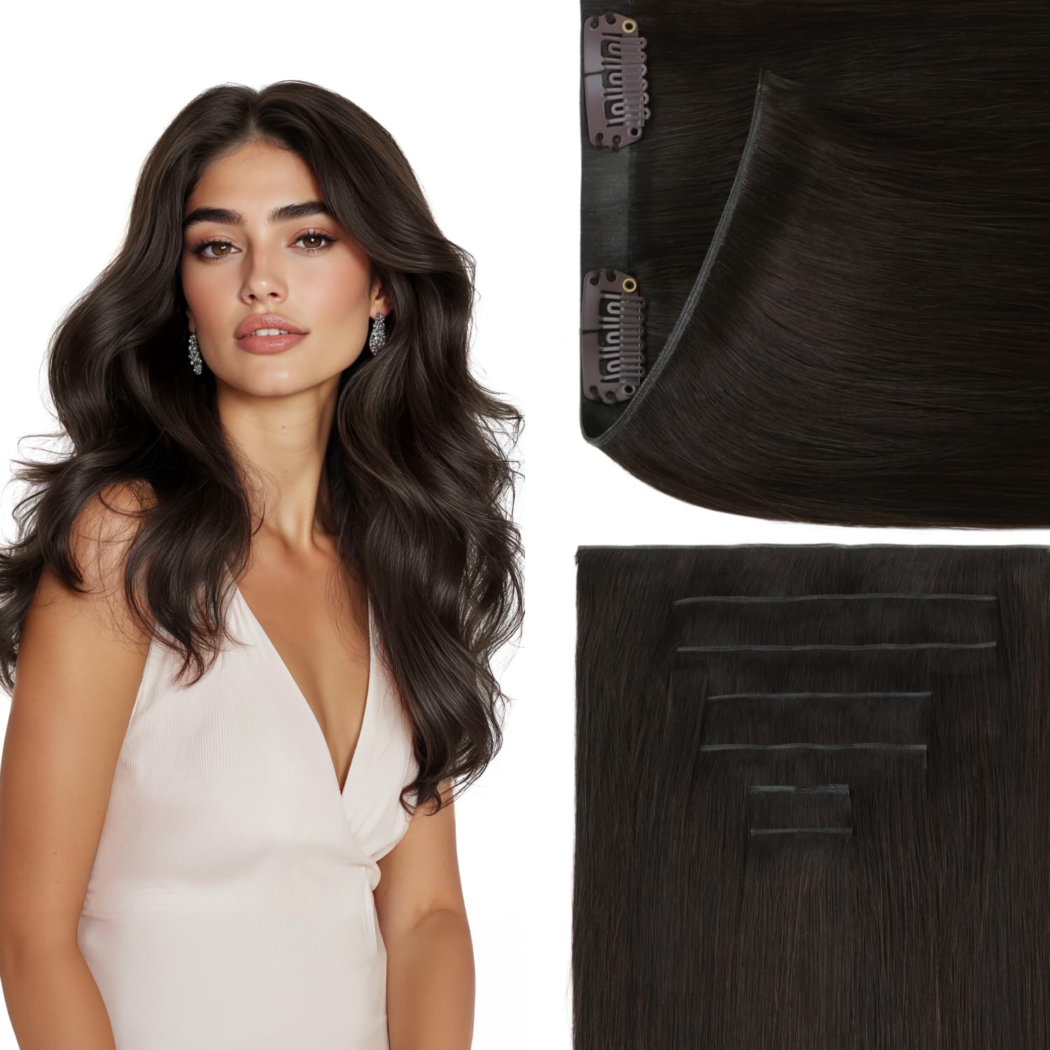 GOO GOO Genius Clip in Hair Extensions, 18inch 120g 7pcs, Seamless PU Clip in Hair Extensions, Virgin Real Human Hair, #2 Dark Brown