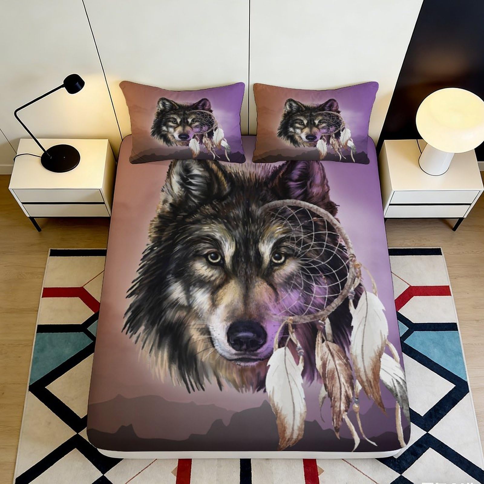3D Printed Wolf Dreamcatcher Fitted Sheet Microfiber Non-Slip Mattress Cover Purple Bedding for Bedroom Guest Room 180x200x25cm