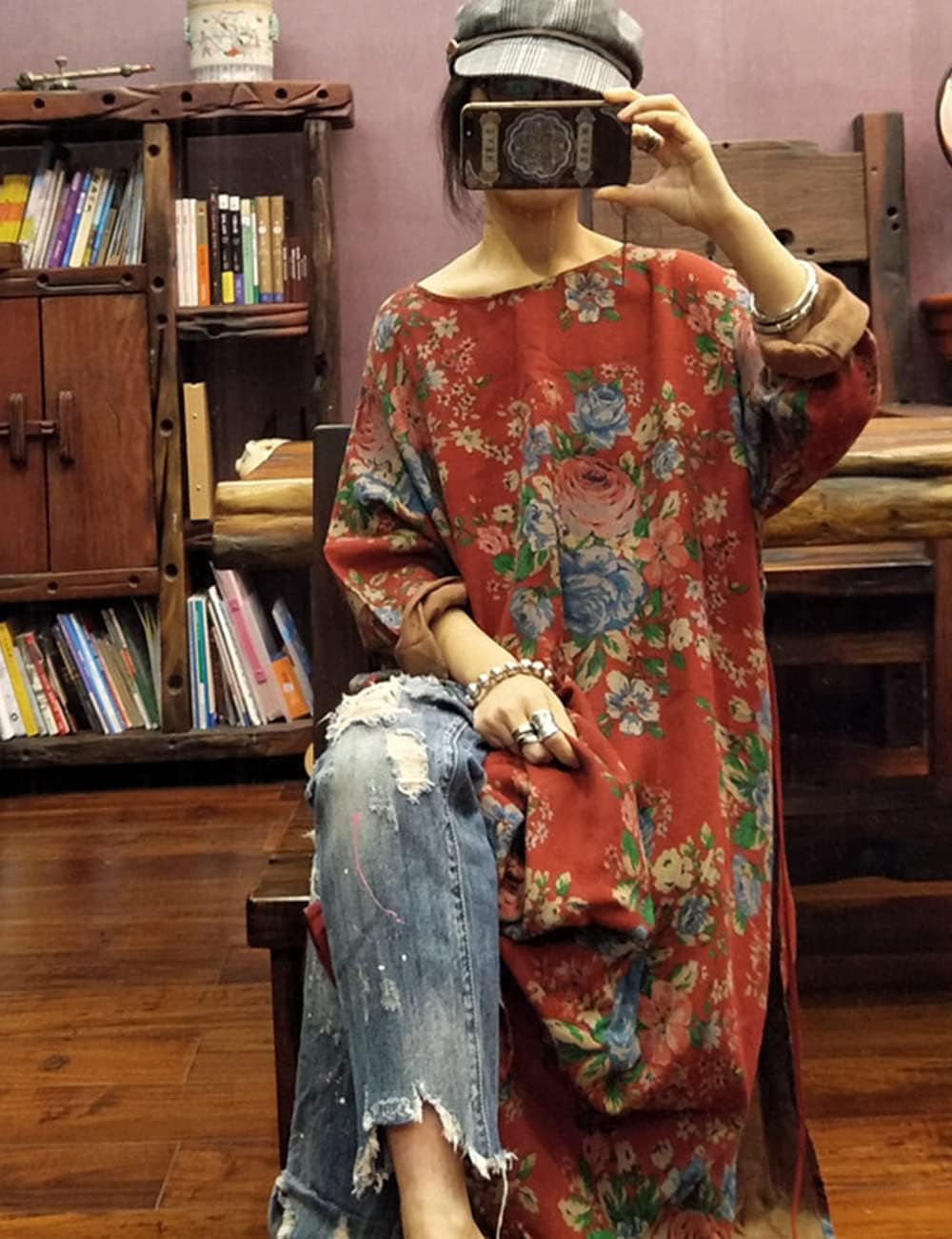 NFYM Women Vintage Floral Print Dress Cotton Long Sleeve Side High Split Drawstring Loose Robe Dress - Image 3