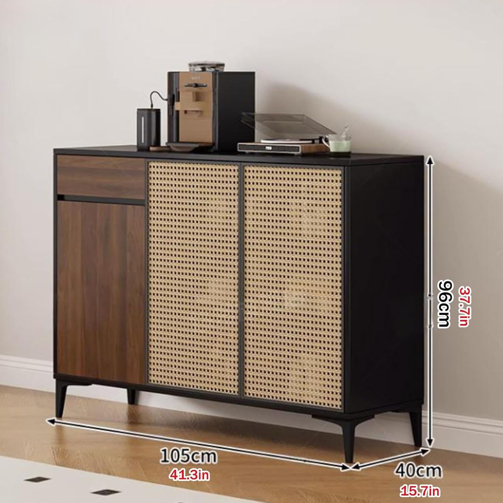 Buffet Cuisine, Vaisselier en Rotin Style Ferme, Meuble de Rangement avec Tiroirs, Meuble Bar Décoratif pour Entrée/Salon(Nero,105x96cm/41.3x37.7'')