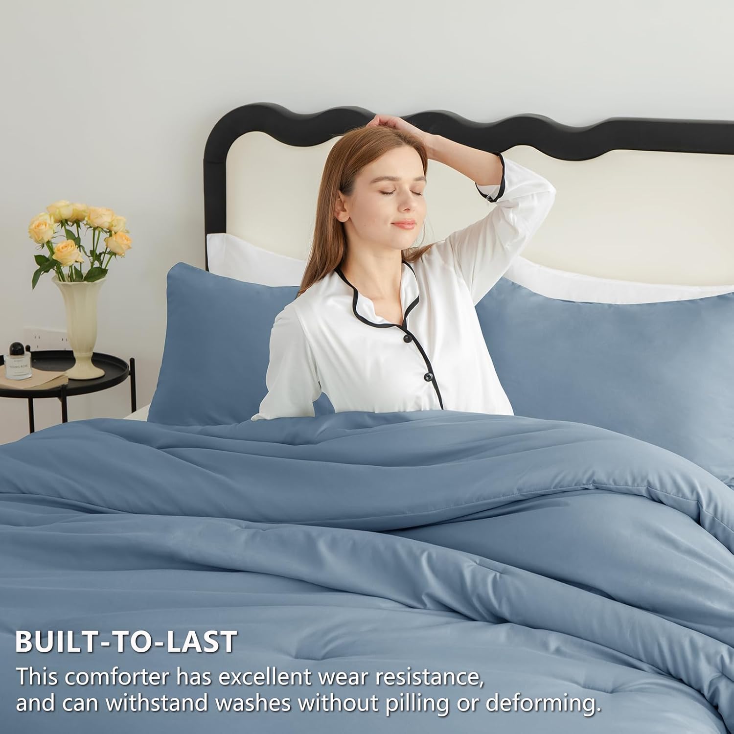 CozyLux Grayish Blue Queen Comforter Set, 3 Pieces Dusty Blue Solid Breathable Quilted Bedding Sets, Luxury Soft Fluffy Bed Set with Down Alternative Comforter All Season (1 Comforter & 2 Pillowcases) - Image 3