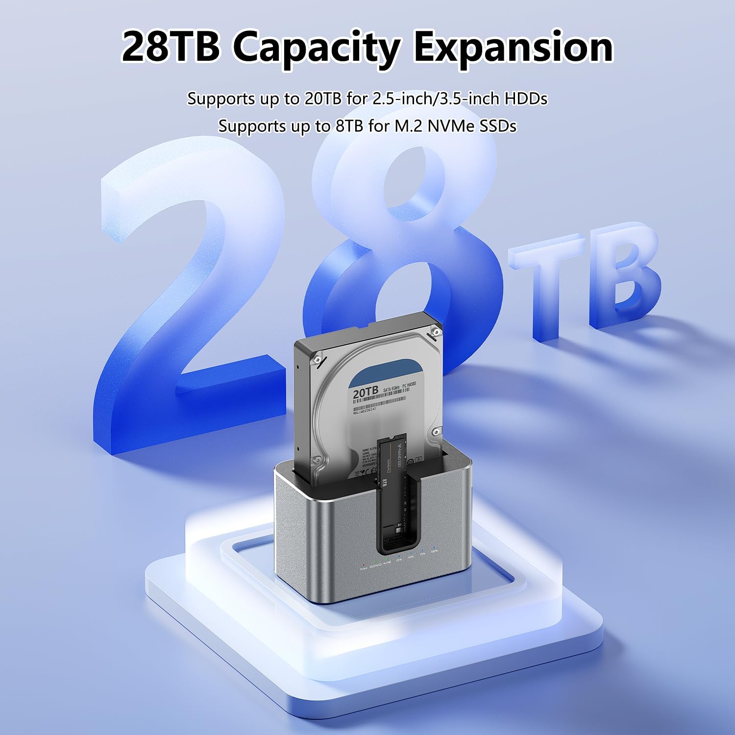 MiliPow Dual Bay Hard Drive Docking Station with Offline Cloning, SATA to NVMe Cloner for 2.5"/3.5" SATA HDD/SSD and M.2 NVMe SSD, UASP Supported, Up to 28TB