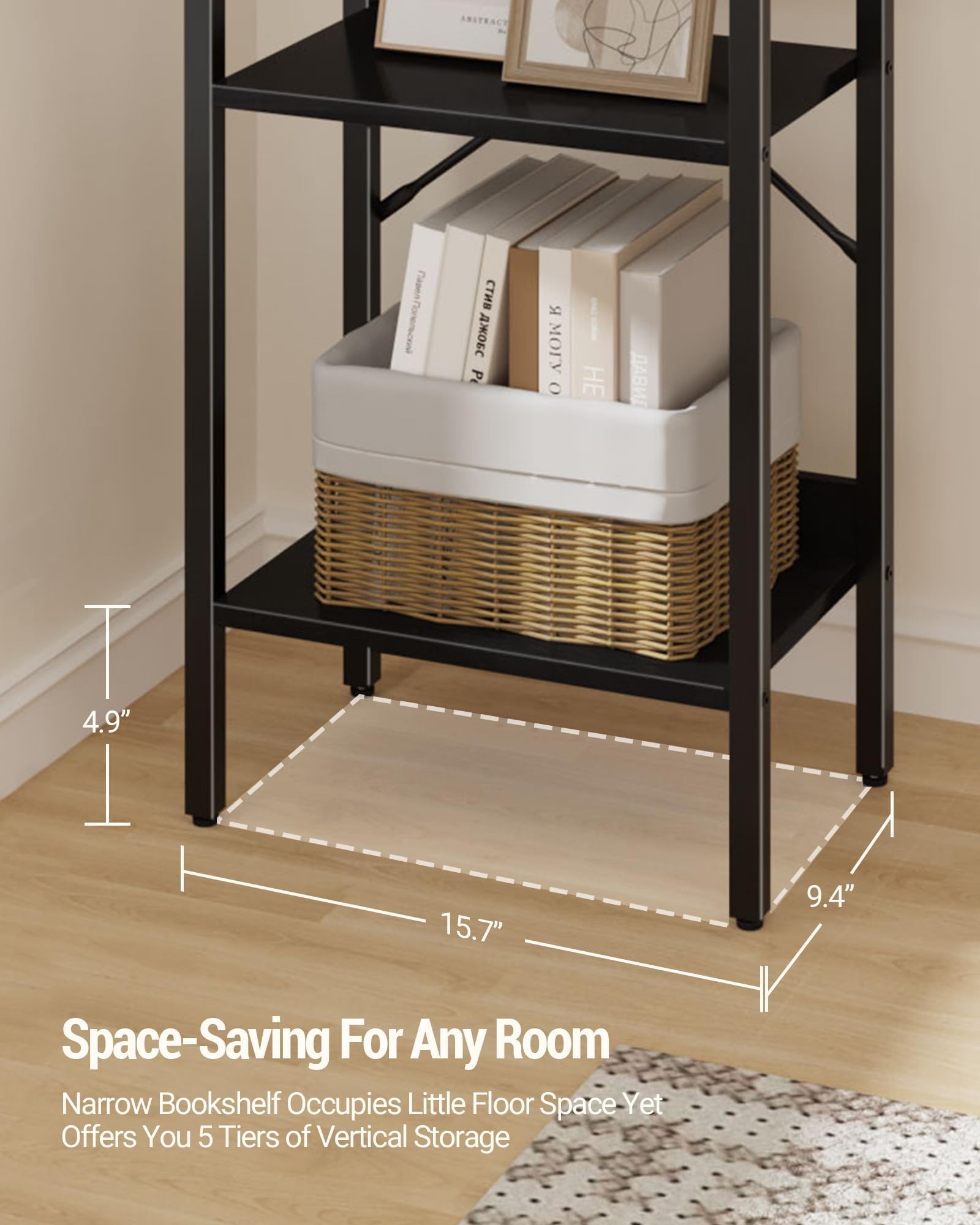 Hzuaneri Estantería estrecha de 5 niveles, con 2 ganchos, estantería para oficina en casa, sala de estar, dormitorio, cocina, color negro BC10504B