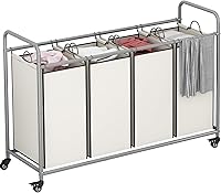 Vista 7 de Clasificador de ropa sucia de 4 secciones con ruedas enrollables resistentes y bloqueables, bolsas extraíbles, separador de cestas