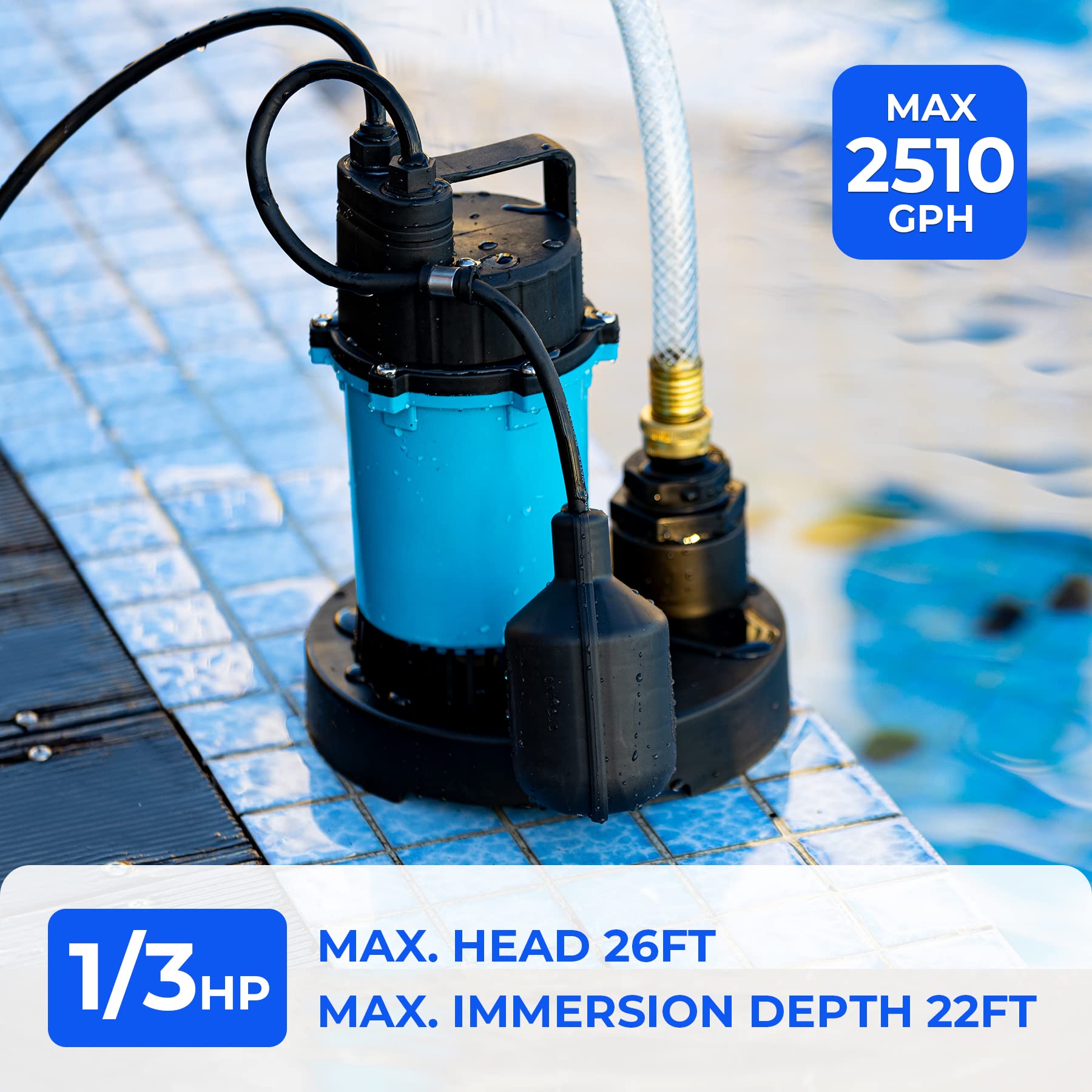 BOMGIE 1/3HP 2510GPH Submersible Sump Pump, Clean/Dirty Water Pumps with Automatic Float Switch and Suction Strainer, 10ft Cord Utility Pump for Basement, Pool, Irrigation