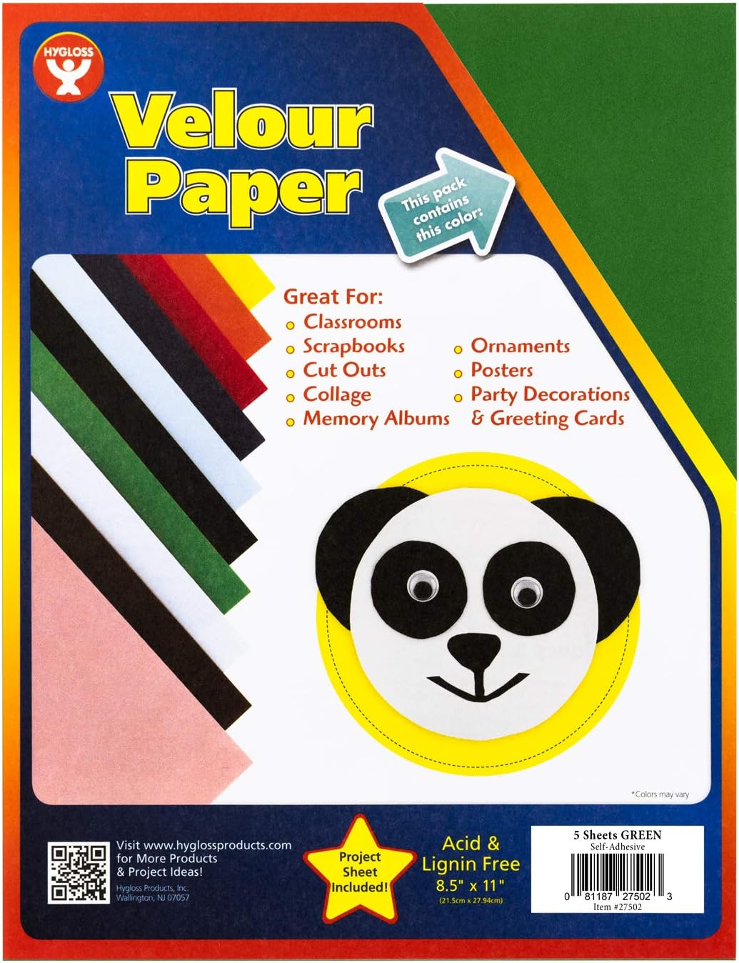 Hygloss Products Self Adhesive Velour Paper - Green, 8-1/2 x 11 Inches - 5 Pack