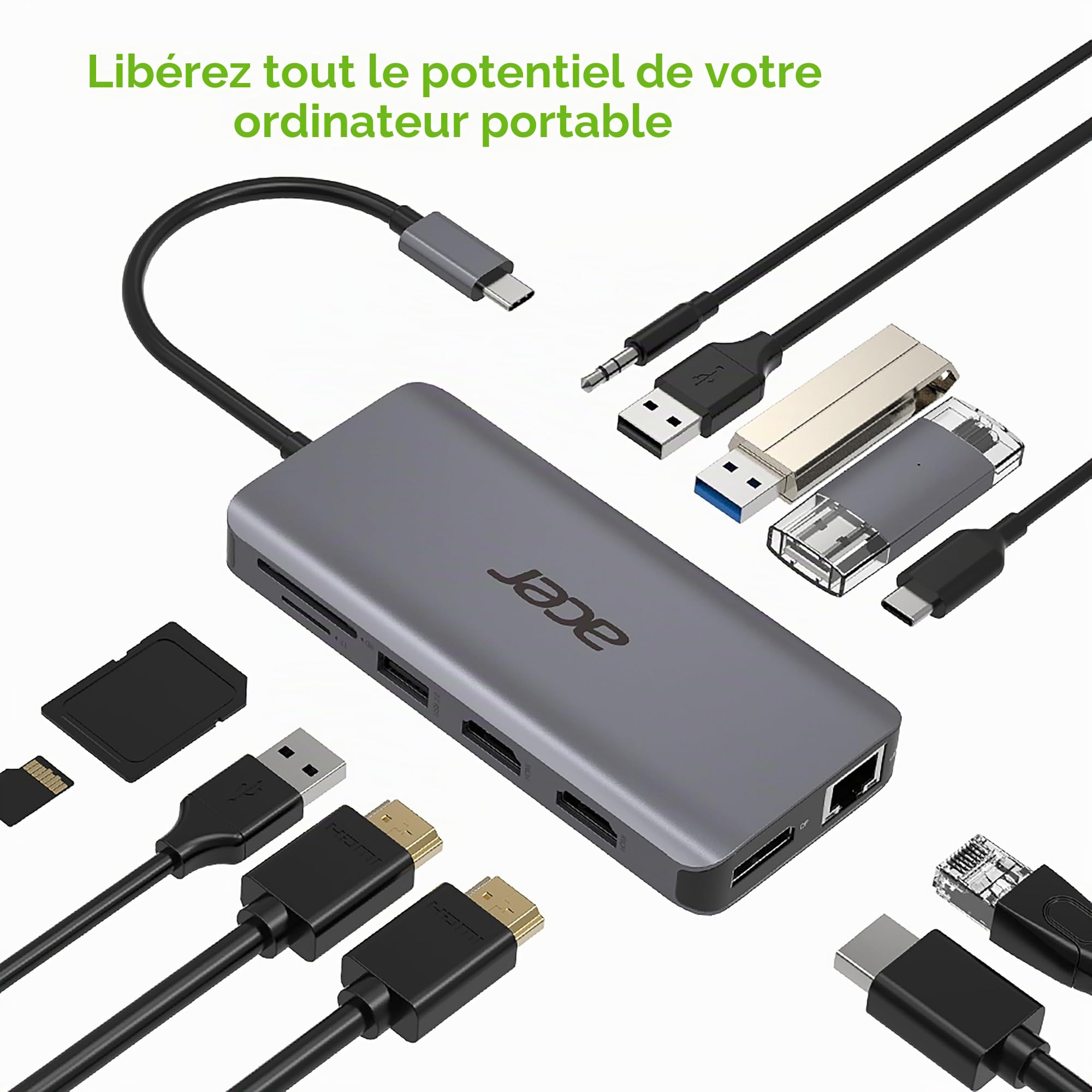 Acer HP.DSCAB.009 Station d'accueil avec Fil USB 3.2 Gen 1 (3.1 Gen 1) Type-C Argent