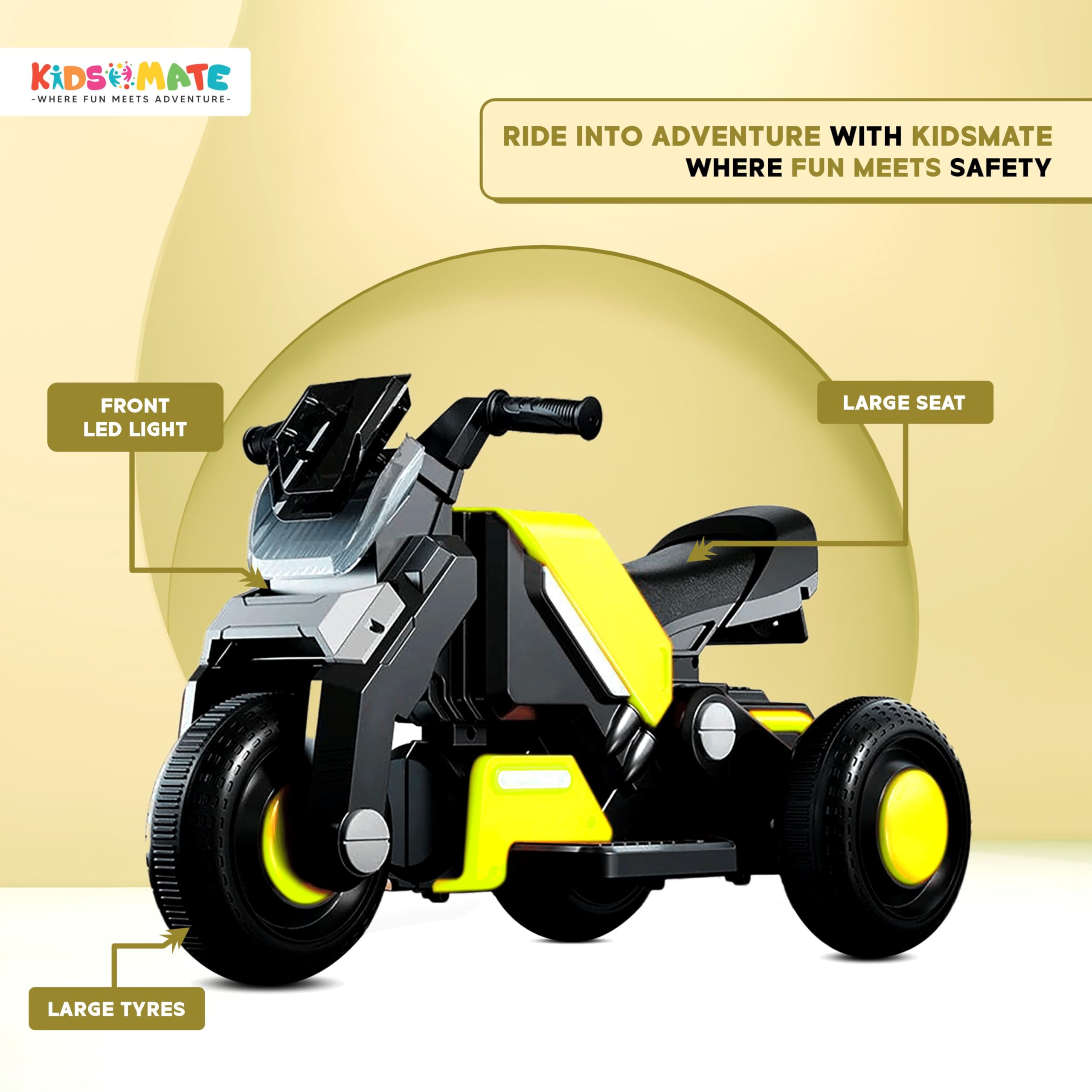 Kidsmate Hyrider 6V Electric Kids Bike with Rechargeable 6.5 Ah Battery Inbuilt Imported Motor Drive | Music Player, Front LED Light & Foot Accelerator Pedal Bike for Ages 1-4 Years (Parrot Green) - Image 3 thumbnail