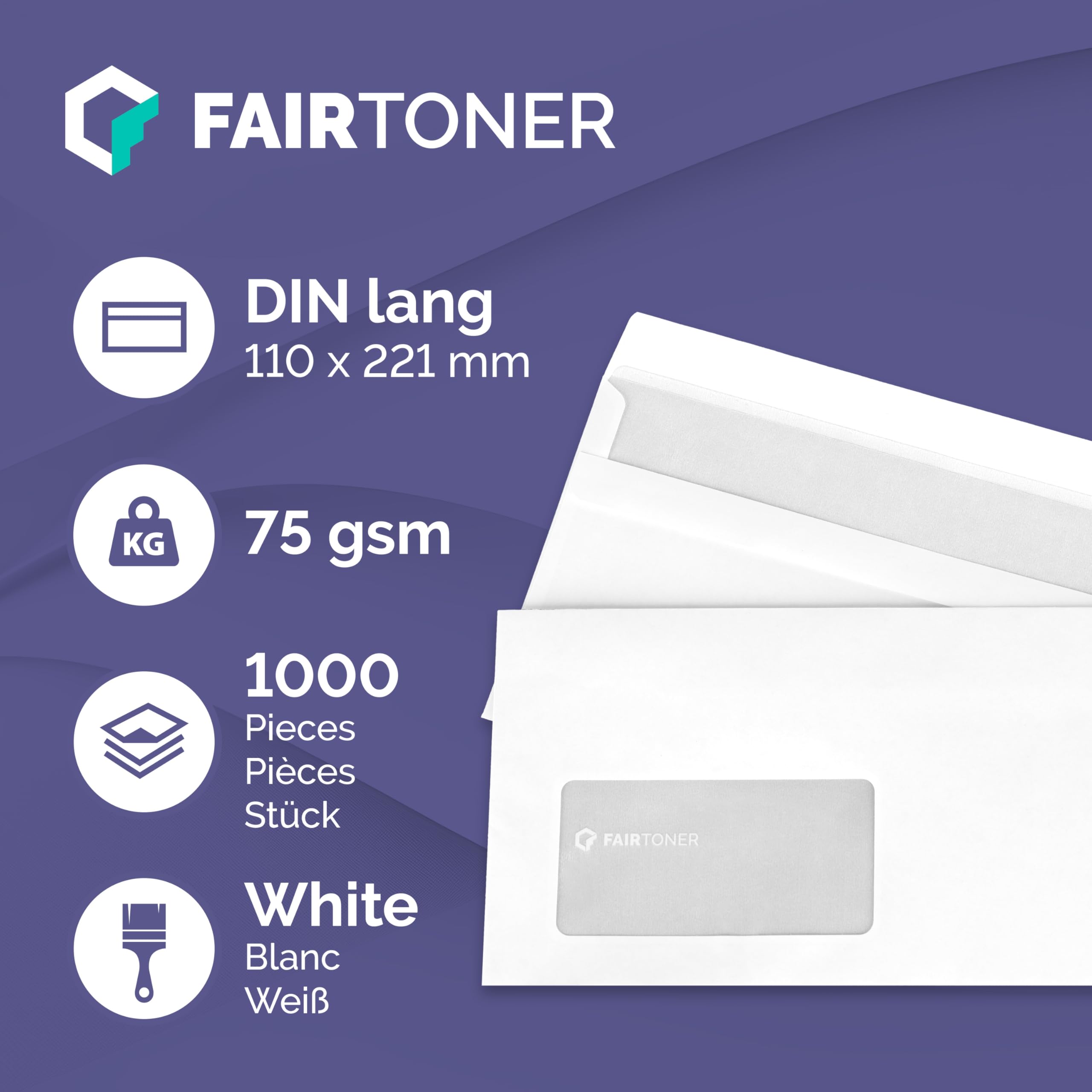 FairToner Briefumschläge DIN lang mit Fenster (1.000 Stück) selbstklebend, Fensterbriefumschläge 22 x 11 cm weiß