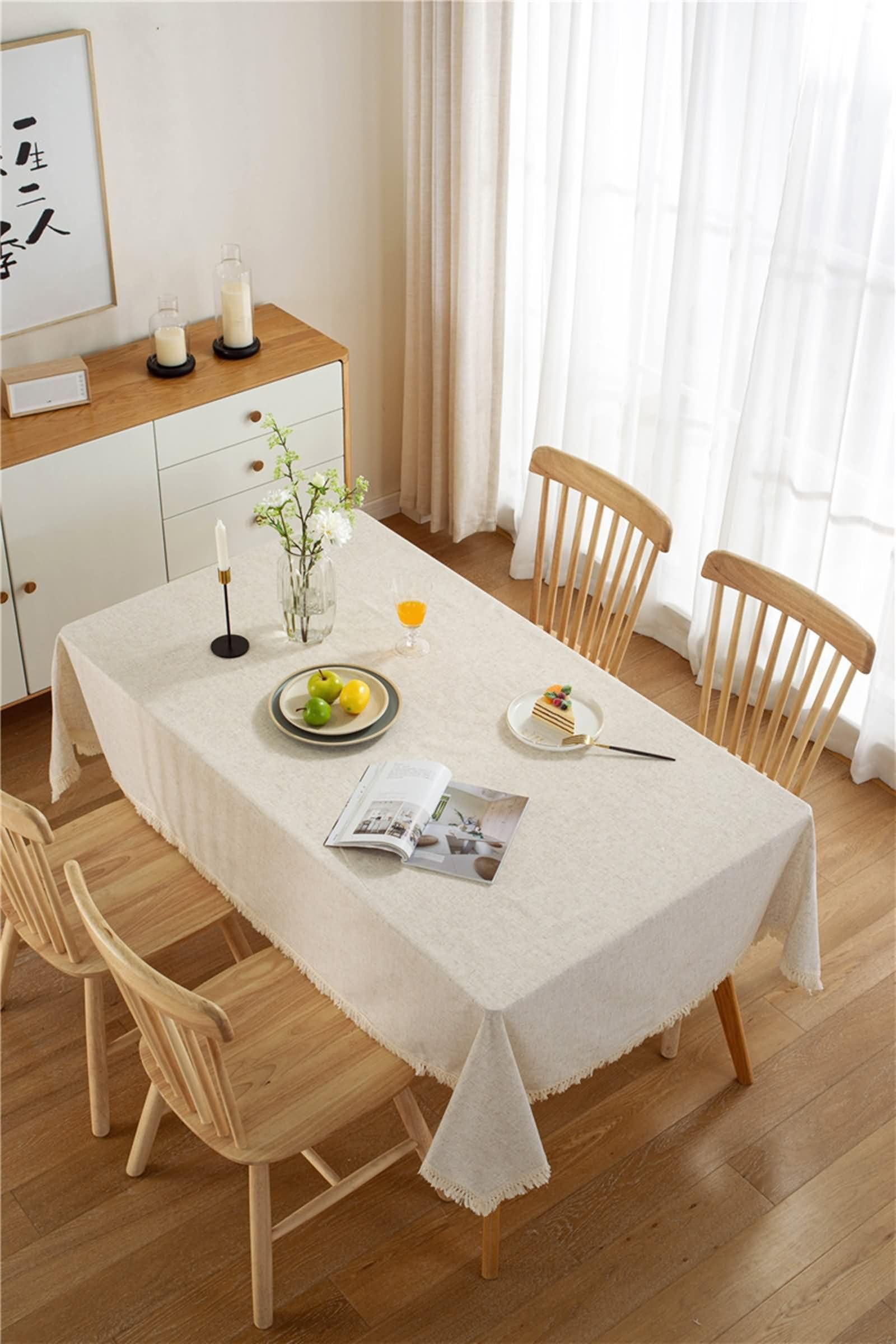 Mantel Rectangular Beige Exterior, Color Sólido con Borlas, de Algodón Suave, 140 x 220 cm, Mantel para Mesa de Centro
