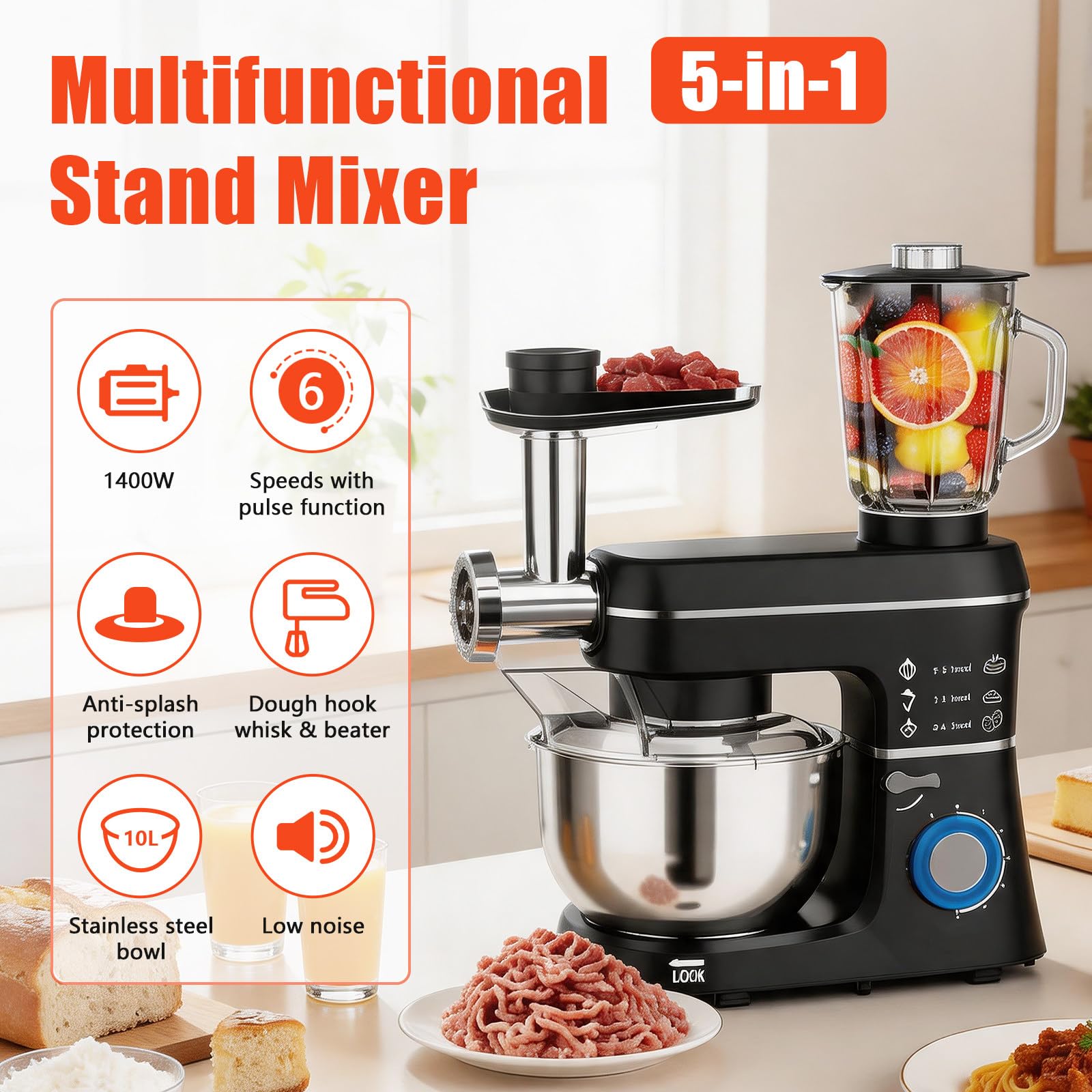 5 en 1 Robot de Cocina – 1400W – con Picadora de Carne, 1,5L Batidora de Vaso, Accesorios – Batidora Amasadora con Bol 10L, Batidor, Gancho Amasador, Gancho para Mezclar Black