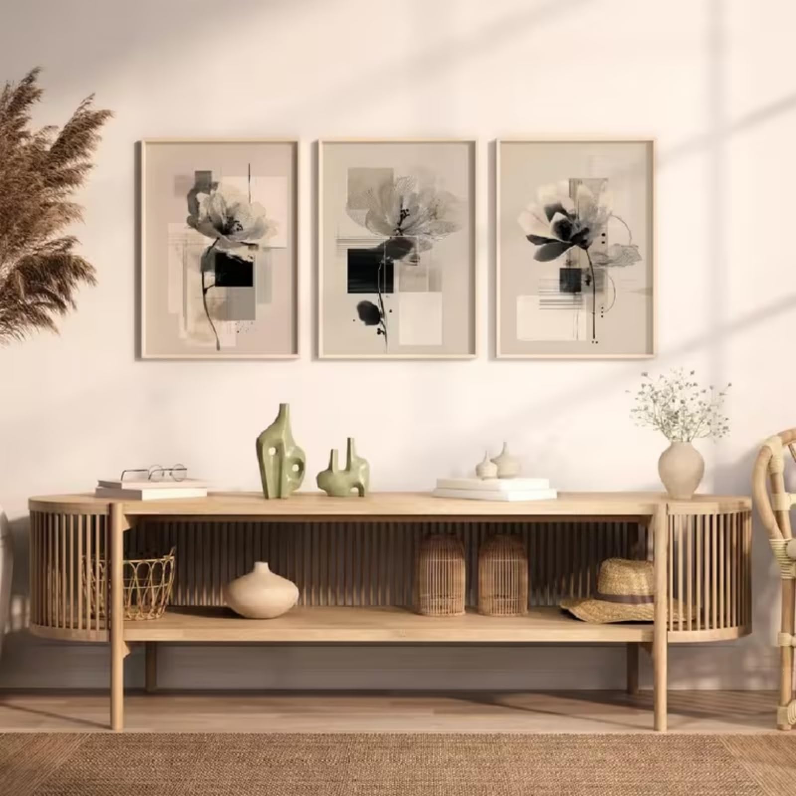TROYSINC Juego de 3 lienzos de alta calidad, abstractos, modernos pósteres de flores, color beige y gris, murales en estilo Japandi y Scandi para salón o dormitorio, sin marco (C, 50 x 70 cm)