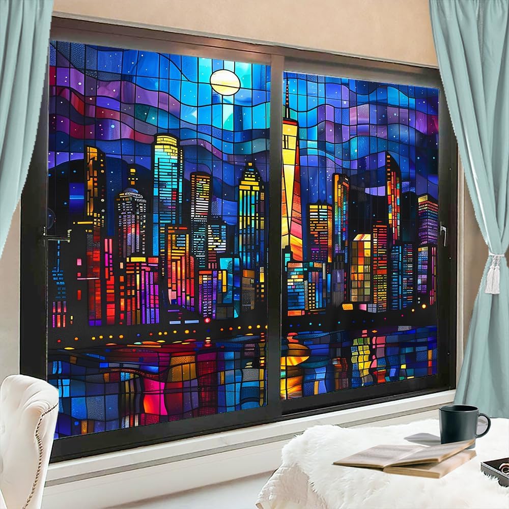 Vintage Colorful Building Frosted Stained Glass Window Film Abstract Cityscape Moon Night Privacy Window Film Self-Adhesive Glass Sticker for Home Office Decorative 17.7Wx23.6L inch x 2pcs