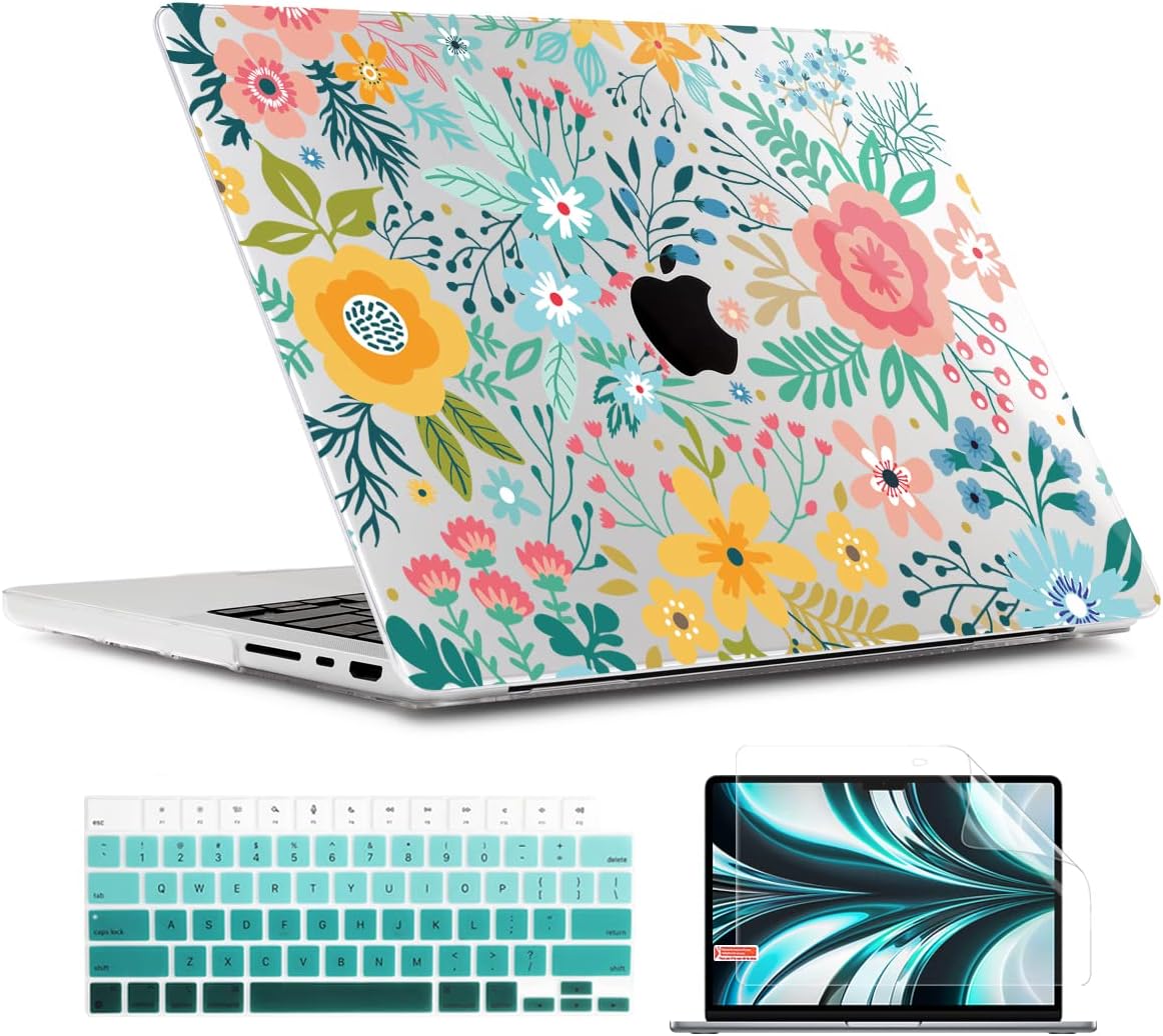 TWOLSKOO Compatible with MacBook Pro 14 inch Case 2023 2022 2021 Release M2 A2779 M1 A2442 Pro/Max Chip with Touch ID, Plastic Hard Shell Case & Keyboard Cover & Screen Protector, Abstract Flower