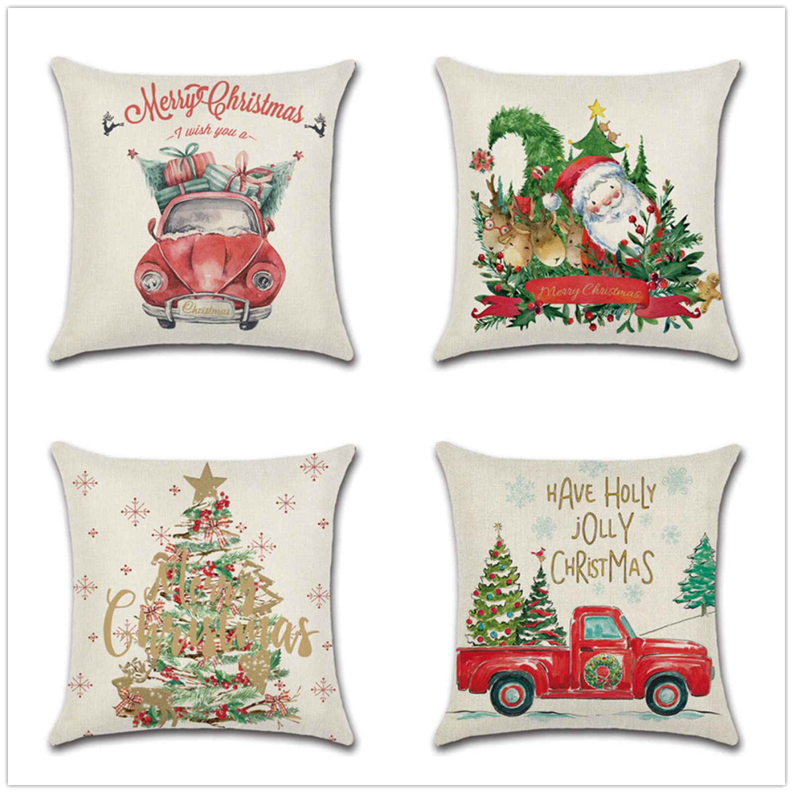 ÁRBOL DE Navidad Cojines 60x60cm,Funda de Almohada de Moderna Decorativa Cojín Decorativo para Sofá,Decoración para Casa,Estampado por Ambos Lados Juego de 4 Exterior Cojines a374