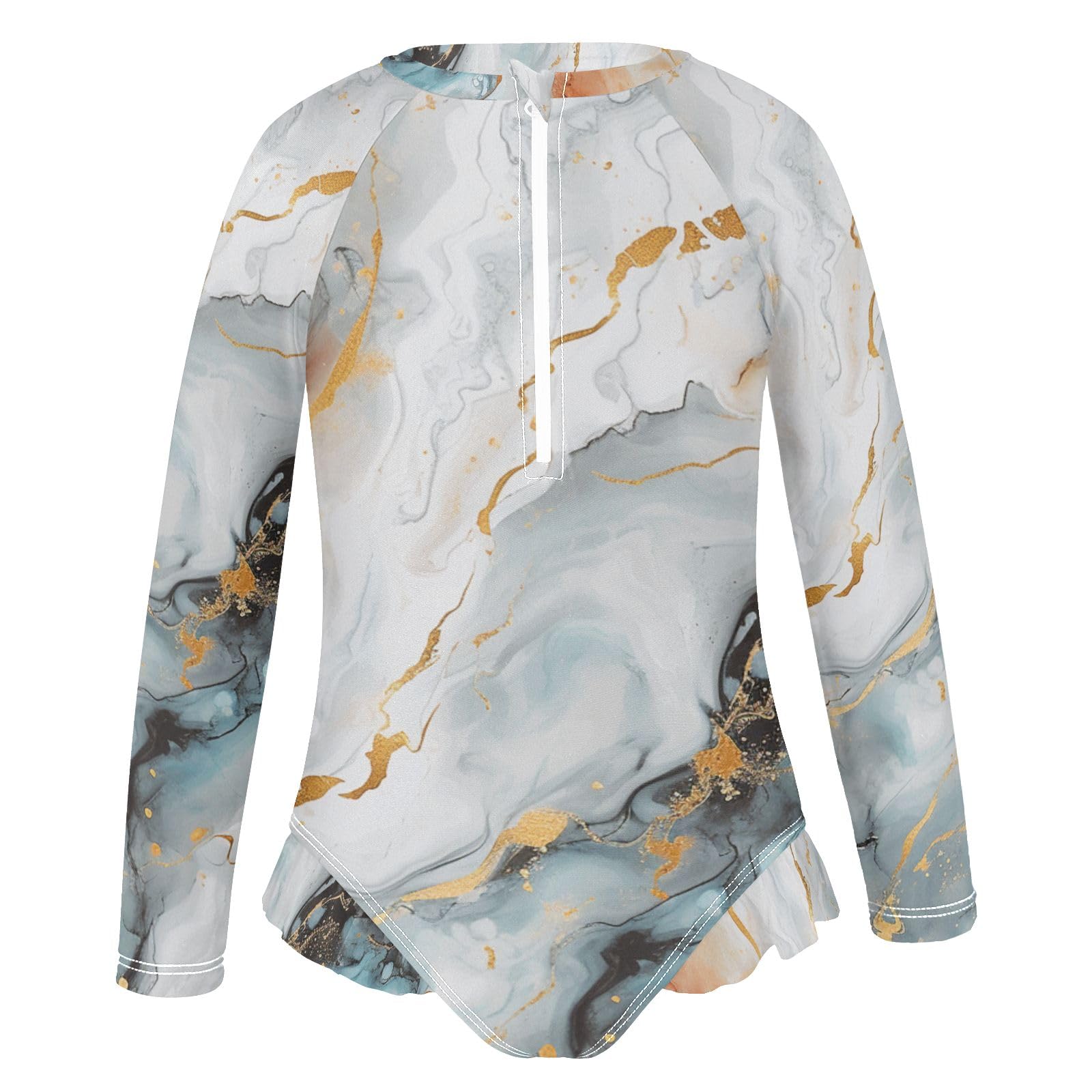 ALAZA Swimsuit for Girls Long Sleeve Rashguard Bathing Suit Marble Multicolor Quick Dry 4T