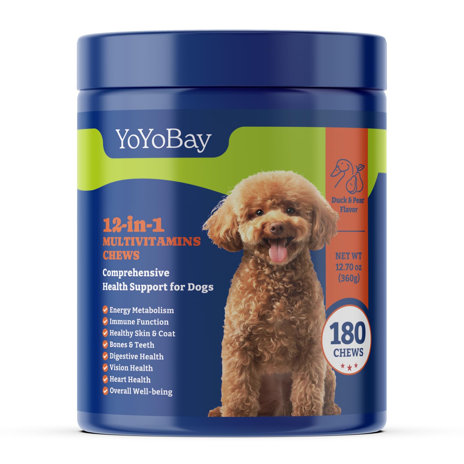 Dog Multivitamin Chewable Supplement - Dog Vitamins and Supplements - 180 Soft Chews, Duck & Pear Flavor - Joint, Skin & Coat Care - Vitamins A, B, C, D, E