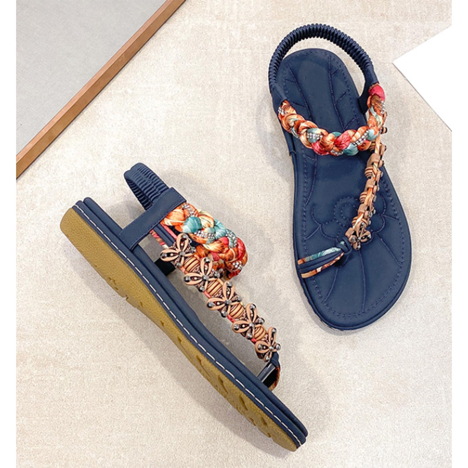 YEGBFLFF Women Summer Flat Sandals, Womens Crystals Elastic Strap Stretch Bohemian Style Sandals, Comfy Beach Walking Flat Sandals (Blue,5)