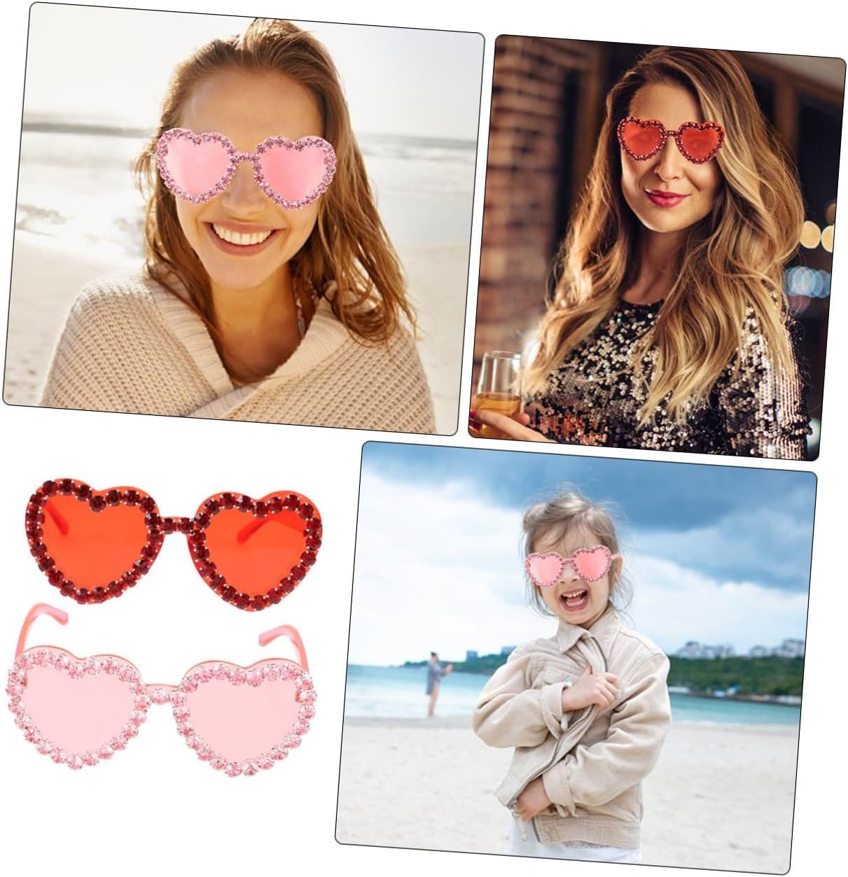 KOMBIUDA 2pcs Heart Shaped Rimless Sunglasses for Women Teens, Red and Pink Heart Glasses Summer Eyewear for Beach Party and Festival Accessories