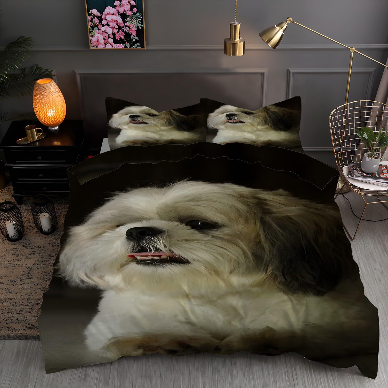 LLSZAHD Black King Duvet Cover Shih Tzu 3D Bedding Sets Brushed Microfibre