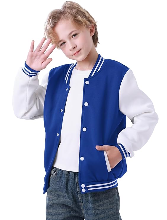 Kids Boys Varsity Jacket Baseball Jacket Casual Sport Cardigan Sweatshirt Youth 2-13 Year