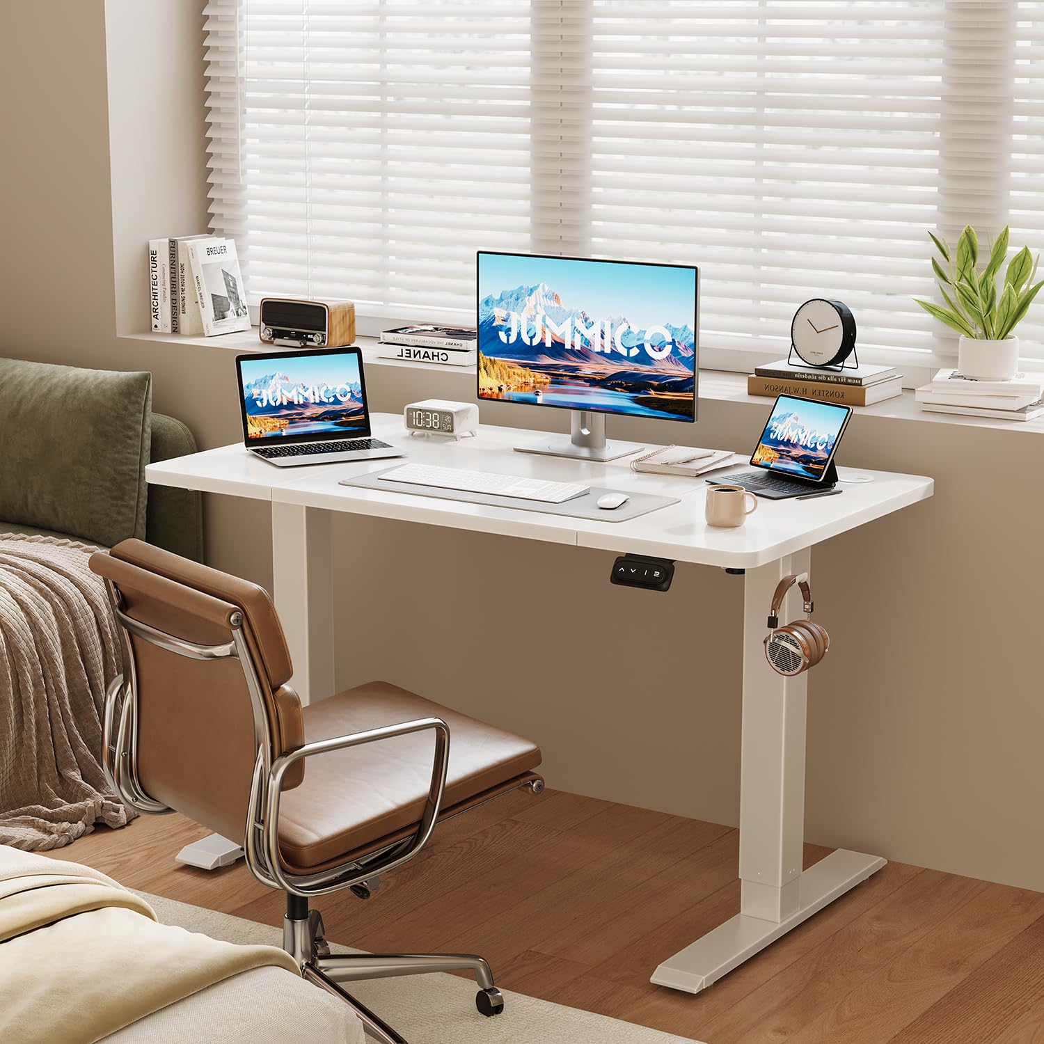 JUMMICO Réglable en Hauteur Bureau Assis Debout Électrique Blanc | 120 x 60 cm, avec Fonction Mémoire avec Crochet, Bruit <50dB, 60 KG, pour Bureau à Domicile