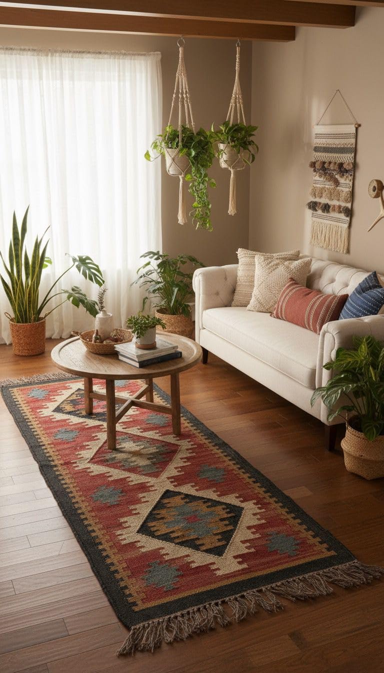 Borg Layton 2 x 5 feet Wool Jute Dhurrie Runner | Kilim Rug for Living Room, Entryways, Hallway, Kitchen | Handmade & Durable Home Decor Carpet-image-7