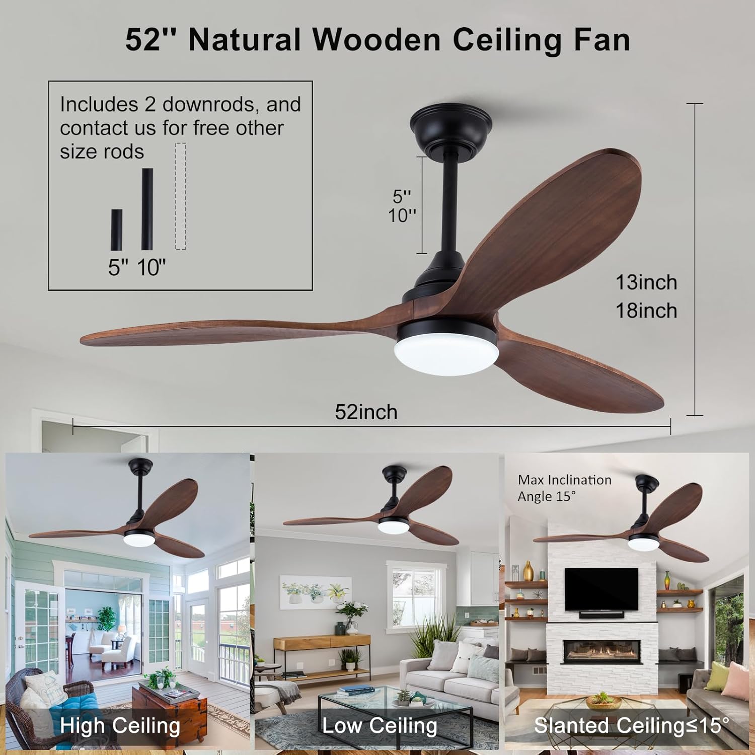 BOJUE 52 inch Ceiling Fans with Lights and Remote Control, Dimmable LED Light, Indoor Outdoor Mordern Black Ceiling Fan with 3 Wood Blade for Patio Living Room, Bedroom, Office, Summer House