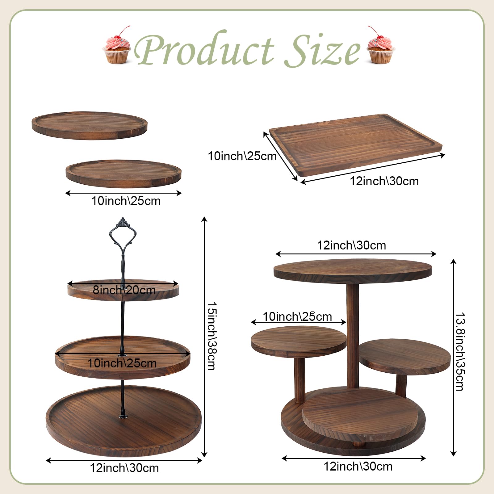 LARDUX Set di 5 alzate in legno con supporto a torre per cupcake a 5 livelli, vassoi da portata a torre a 3 piani, 2 piatti rotondi per torte, 1 piatto quadrato per dessert, salumi, snack per feste