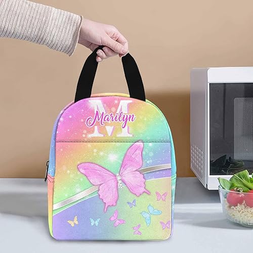 Miniatura 8 de Lonchera personalizada con nombre, color morado oscuro, mariposa brillante, lonchera aislada personalizada para niñas y niños, bolsa de mano
