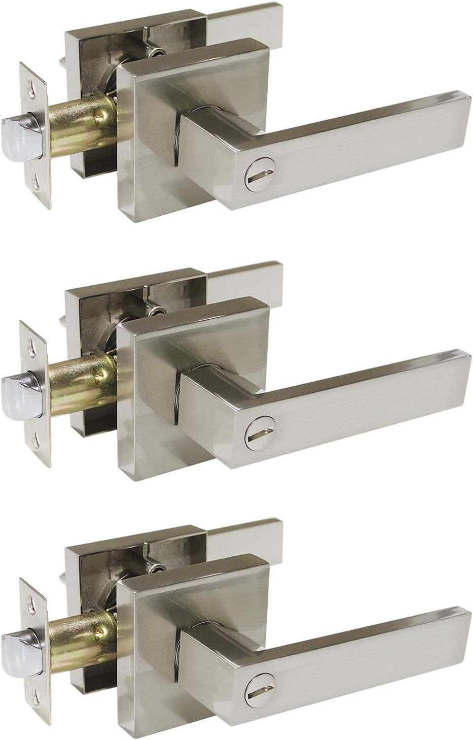 Probrico 3 Pack Square Door Lever Privacy Door Lock Handleset Keyless Lockset Door Knobs Storage Room Bathroom Set No Key in Satin Nickel