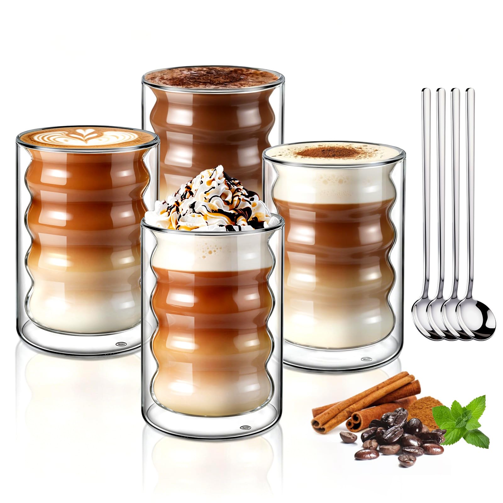 ecooe 350ml Doppelwandige Kaffeegläser Latte Macchiato Gläser 4er Set | Borosilikatglas, Doppelwandige, Einzigartige Spiralförmige Gläser,Geeignet für Cappuccino Latte Macchiato Tee Milch